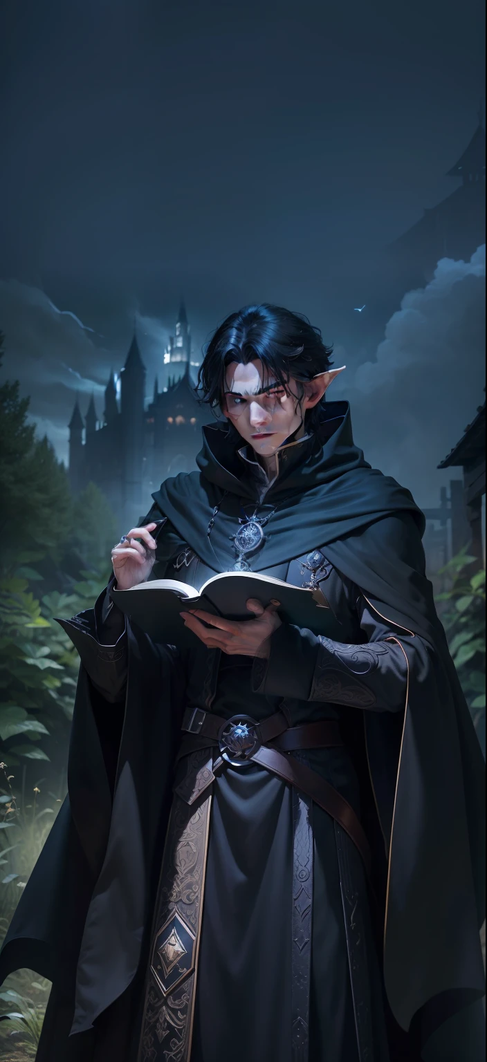 There was a man in a black cloak holding a book, holding a spell book, he is holding a large book, noble elf male in black robes, black-haired mage, holding grimoire, dramatic reading spell book pose, young shadow mage male, inspirado em Okumura Masanobu, picture of a male cleric, wearing a black noble suit