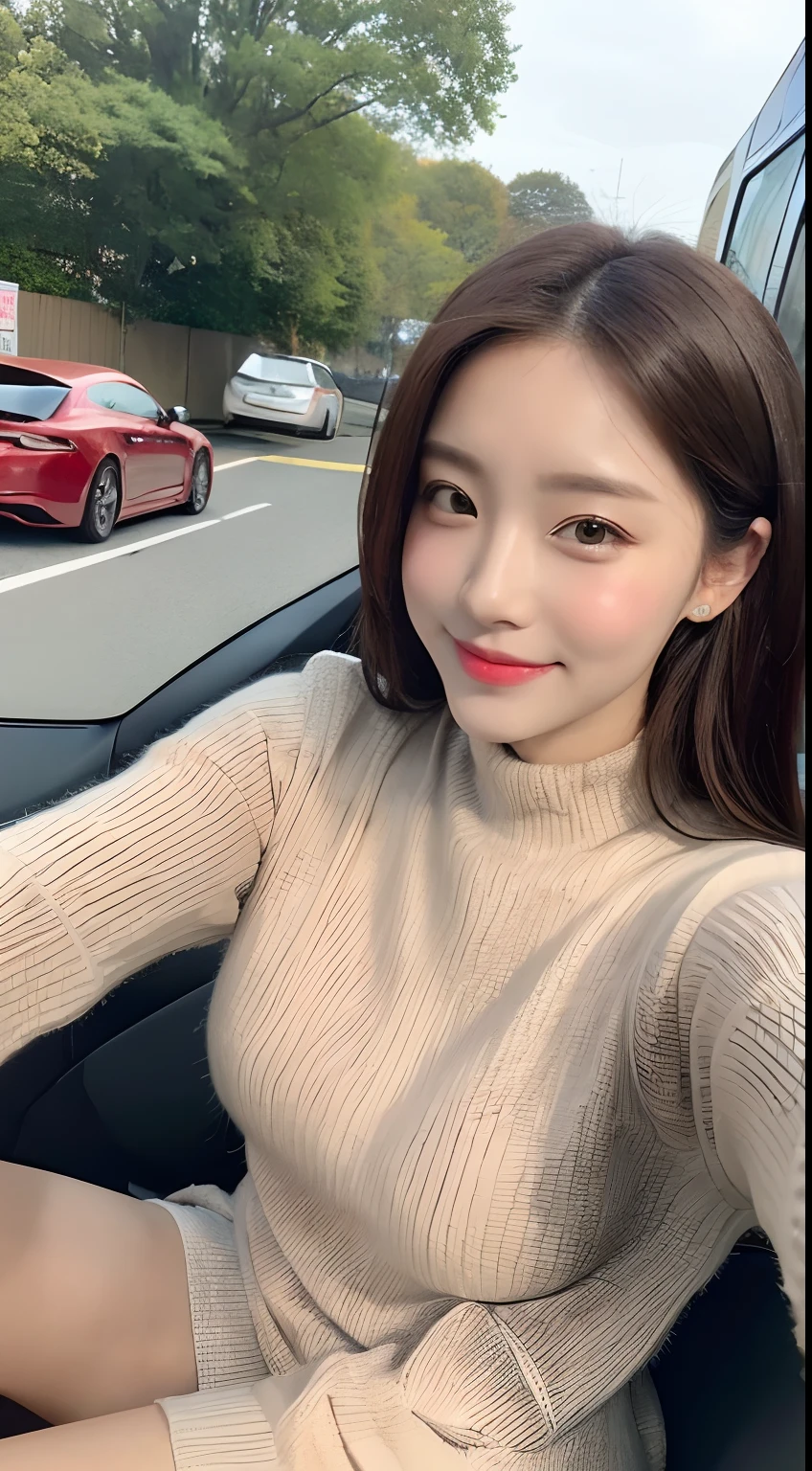 ((best qualtiy, 8k, tmasterpiece:1.3)), Focus:1.2, perfect figure beautiful woman:1.4, Cocked buttocks:1.2, ((Exquisite Hair)), (sweaterdress:1.1) , (Sports car, street: 1.2), Highly detailed facial and skin texture, A detailed eye, 二重まぶた，Whiten skin，huge tit，ssmile，Wear a necklace，gyuru，People sit in cars and  their asses，wearing face mask