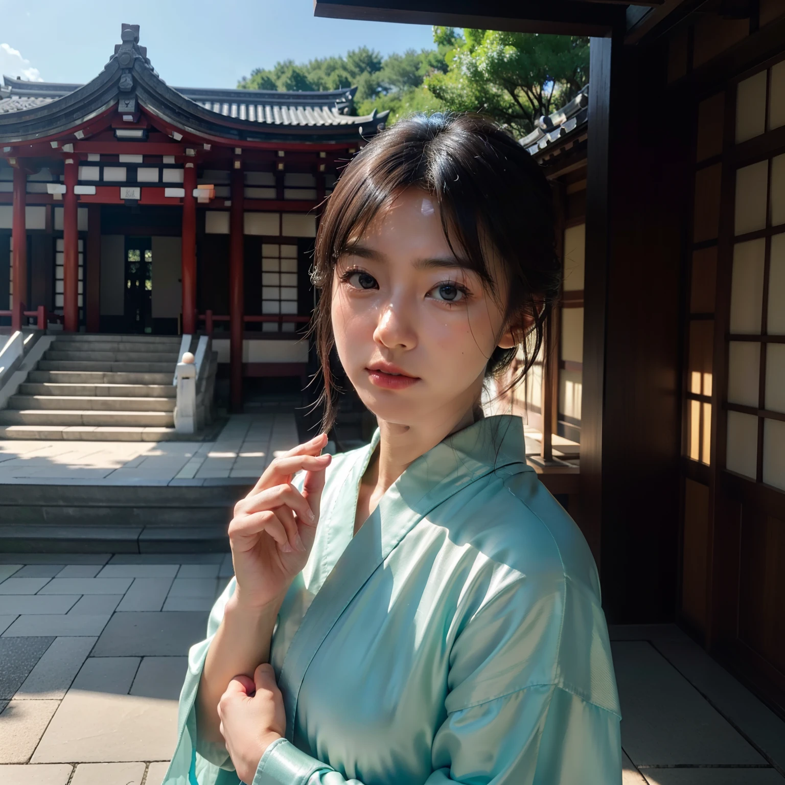 ((top-quality))、((masterpiece))、(ighly detailed:1.3)、HDR(HighDynamicRange)、Ray traching、nvidia RTX、Hyper-Resolution、Unreal 5、sub-surface Scattering、PBR Textures、post processed、Anisotropy Filtering、depth of fields、Maximum sharpness and sharpness、 multi-layer texture、Albedo and specular mapping、Surface Shading、Accurate simulation of light-material interactions、Perfect Ratios、octane renderings、Duotone lighting、Low ISO、White Balance、thirds rule、Large aperture、8K RAW、high efficiency sub-pixel、sub-pixel convolution、Luminescent particles、light scattering、Tindall Effect、one beautiful women、Sad face、Crying face、Beautiful facial features、Eyes are double、Worship at a temple in Japan、Bright sunshine、Mourning、kimono、Scenery with a Japanese atmosphere、temple、Buddha、Eyebrow thinning、