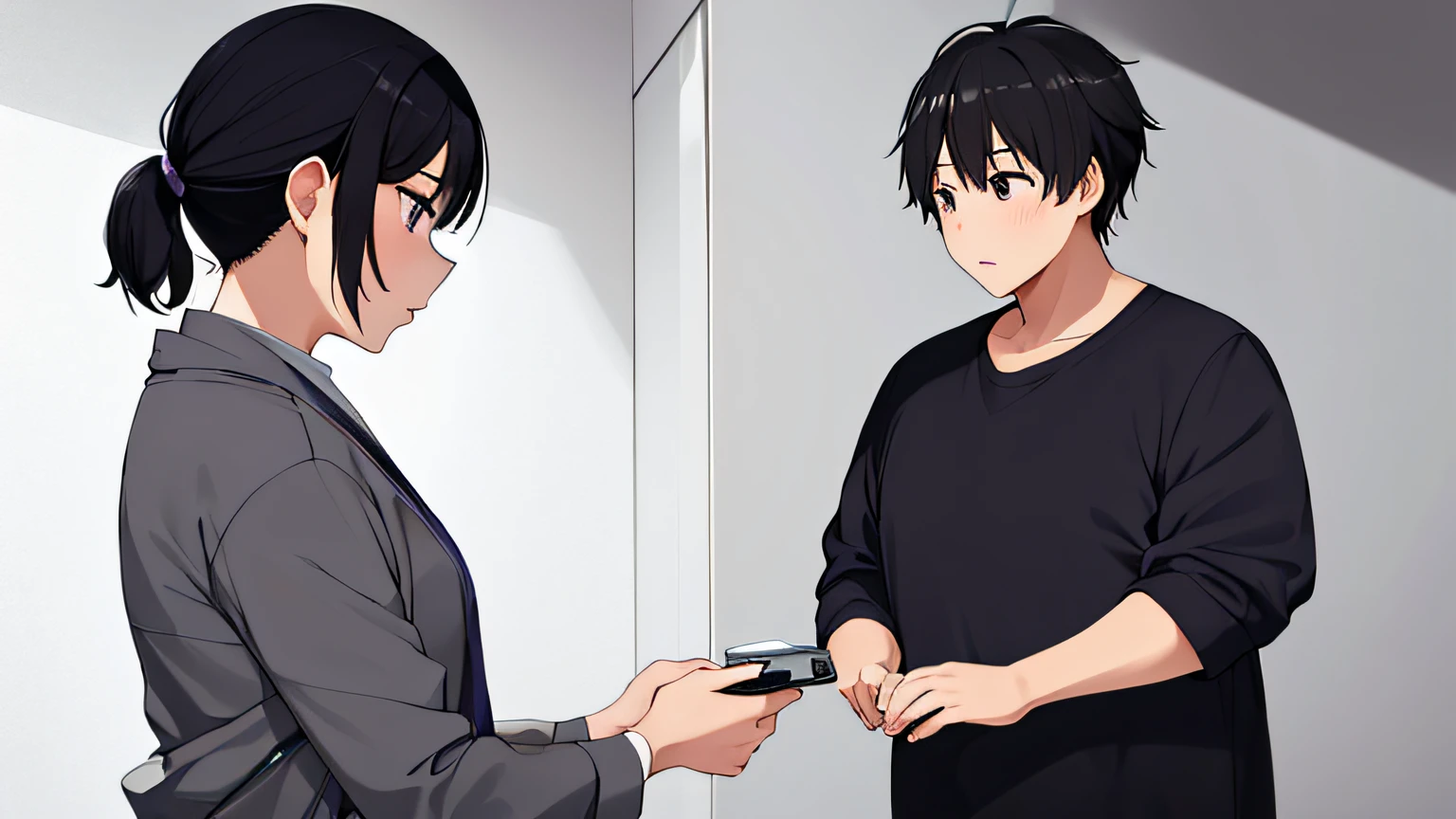 masterpiece, high quality, 8k, beautiful lighting, doga kobo, anime scene, profile, 1girl (hashimoto_mai, black hair, very short ponytail hair, small to medium breast, purple eyes), 1boy (hashimoto_akihito, a little bit overweight, black hair, short hair, open forehead, purple eye), white pharmacist coat, looking at another, eye contact