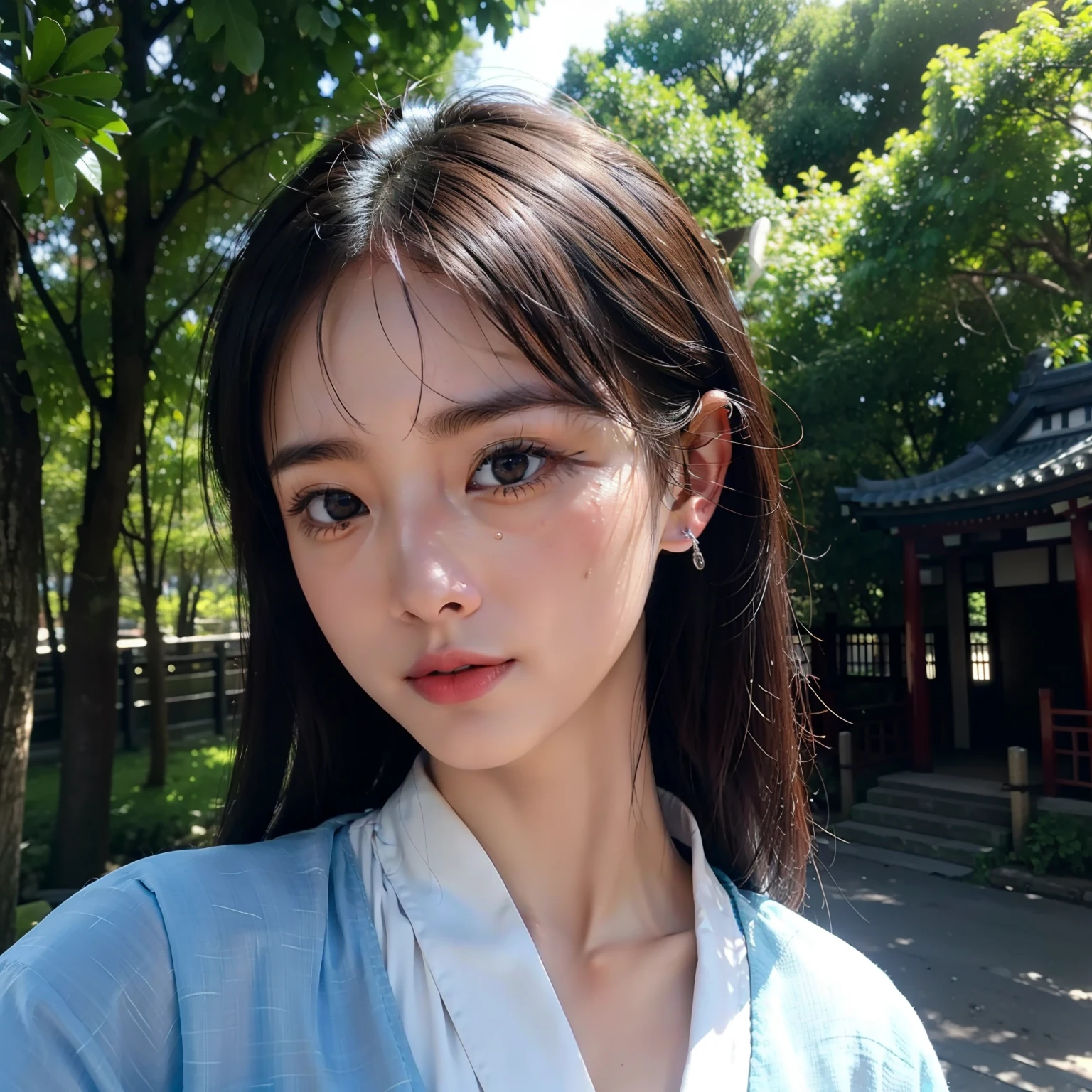 ((top-quality))、((masterpiece))、(ighly detailed:1.3)、HDR(HighDynamicRange)、Ray traching、nvidia RTX、Hyper-Resolution、Unreal 5、sub-surface Scattering、PBR Textures、post processed、Anisotropy Filtering、depth of fields、Maximum sharpness and sharpness、 multi-layer texture、Albedo and specular mapping、Surface Shading、Accurate simulation of light-material interactions、Perfect Ratios、octane renderings、Duotone lighting、Low ISO、White Balance、thirds rule、Large aperture、8K RAW、high efficiency sub-pixel、sub-pixel convolution、Luminescent particles、light scattering、Tindall Effect、one beautiful women、Sad face、Crying face、Beautiful facial features、Eyes are double、Worship at a temple in Japan、Bright sunshine、Mourning、kimono、Scenery with a Japanese atmosphere、temple、Buddha、Eyebrow thinning、