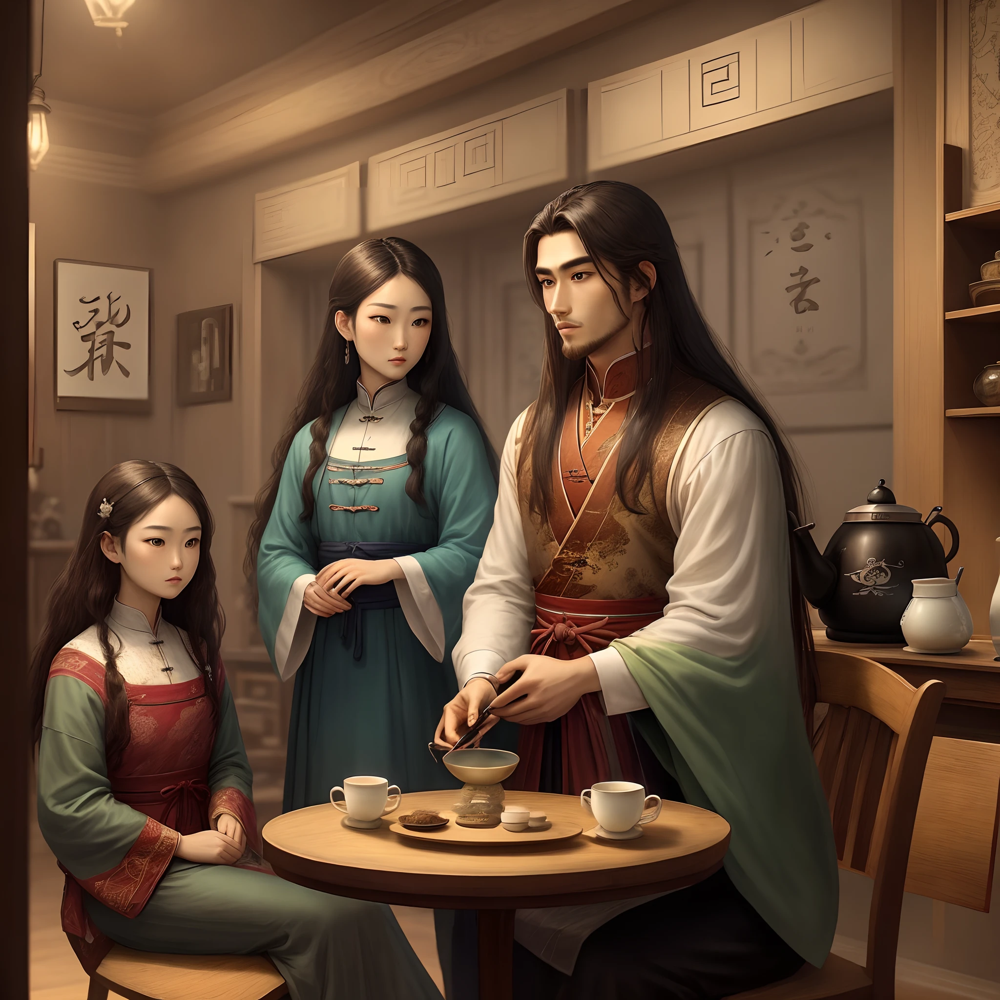 quadratic element,Long-haired, young handsome Taoist,Vintage room,Sitting group,Look at your phone,Incense,Brew tea