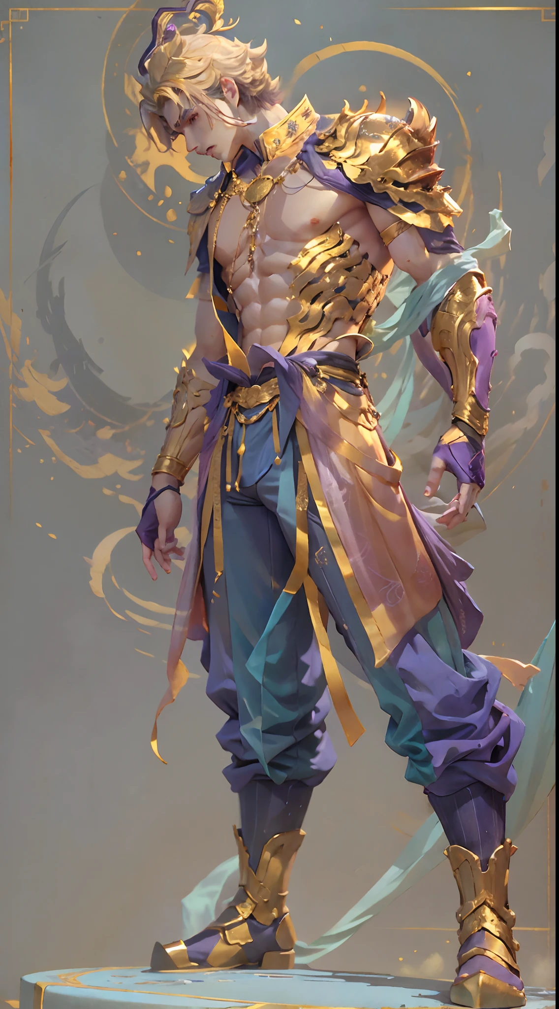 A boy,male people,Sculpture design,Figures,GK model,(The whole body of the character),Expose muscles,(sexy for),(Exquisite base),The color of the clothes is gold,blue and violet,Transparent texture,Wu Yifan,musculous