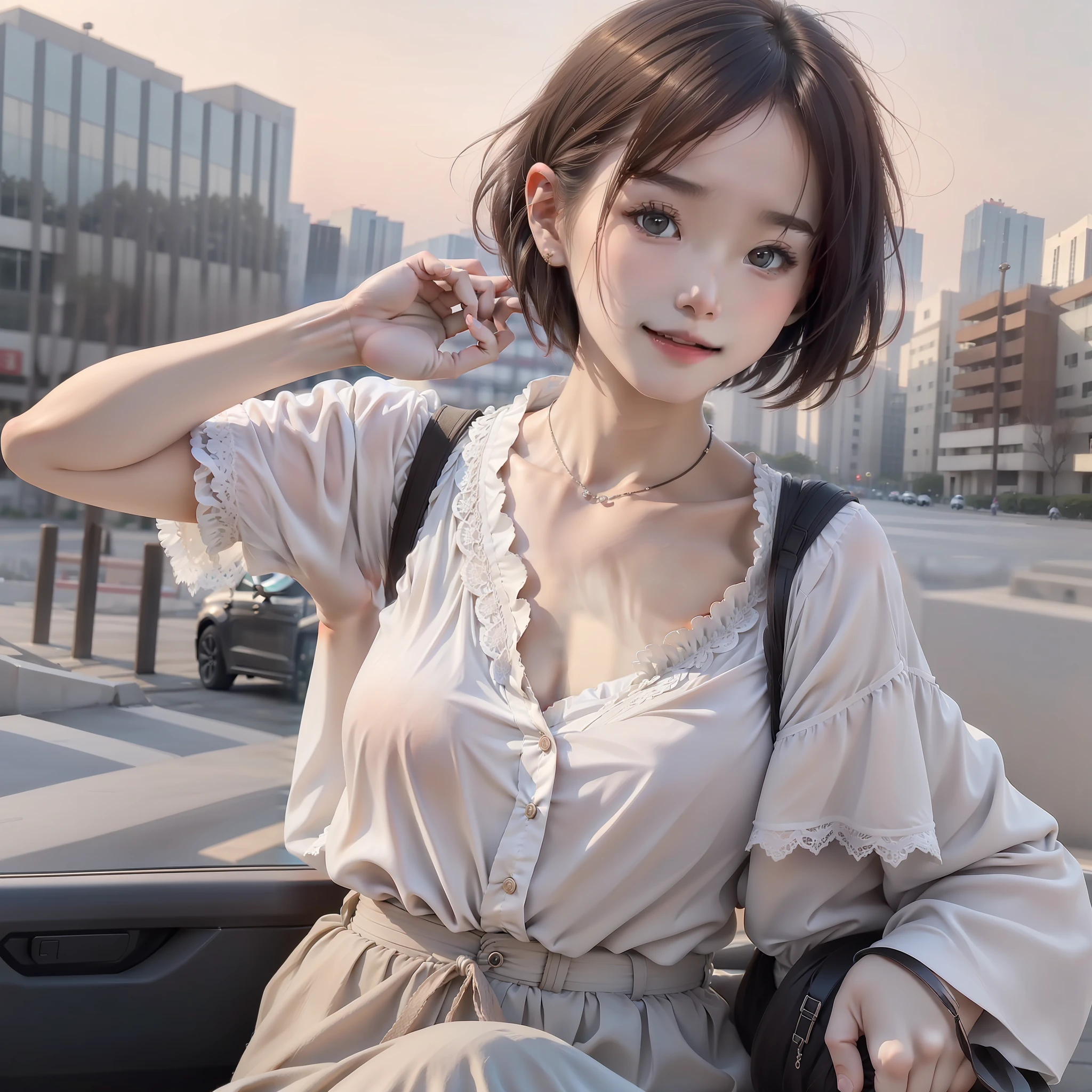 (8K, Best picture quality, tmasterpiece:1.2), (realisticlying, realisticlying:1.37), ultra - detailed, 1个Giant Breast Girl, Raised sexy, 独奏, Beautiful detailed sky, Detailed lakeside, natta, sitted, dated, (Nasal redness), (ssmile:1.15),(Keep one's mouth shut)middlebreast,美丽细致的眼睛,(collar shirt:1.1),natta,dampness,Life clothes,clear weather,White lace,(short detailed hair:1.2),Flowing hair NovaFrogStyle,
