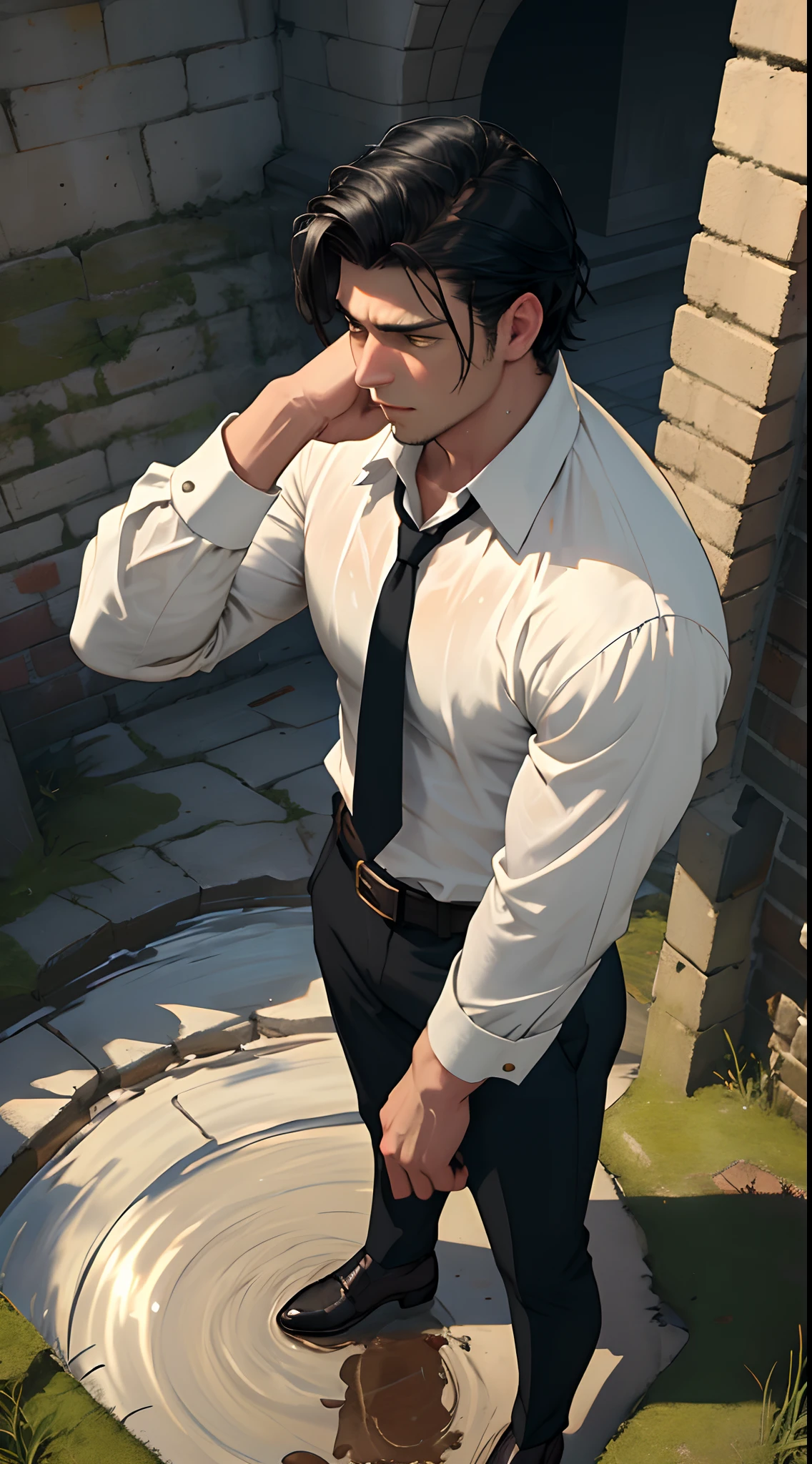 A3R1, Hector Fey ,Look more at the upper body,Suit pants view,legs separated,A3R1,pissing,Pee yourself,His own urine ran down his thighs,perfect male figure, Aerith Gainsborough ,Put your hands in your trouser pockets,Pee from his legs,yellow eyes,Surrounded by other people, Stand in a very dirty medieval castle,and the sun was shining brightly,Wear a tie,wearing leather belt,Long Sleeve White Shirt,(The shirt is soaked),Black hair short hair,perspire,Black suit trousers,dress shoes,Nervously bow your head,is shy,embarressed,is shocked,panicking,worry,exteriors,On dry ground, A small puddle of his own urine formed around his feet,Very eager to pee,Wet yourself,Urine discharge,high detal,hentail realism,ultra-realistic realism,three sided view, A masterpiece of careful planning,A high resolution, hyper HD ,anatomy correct,super detailing,best qualtiy,A high resolution,8K