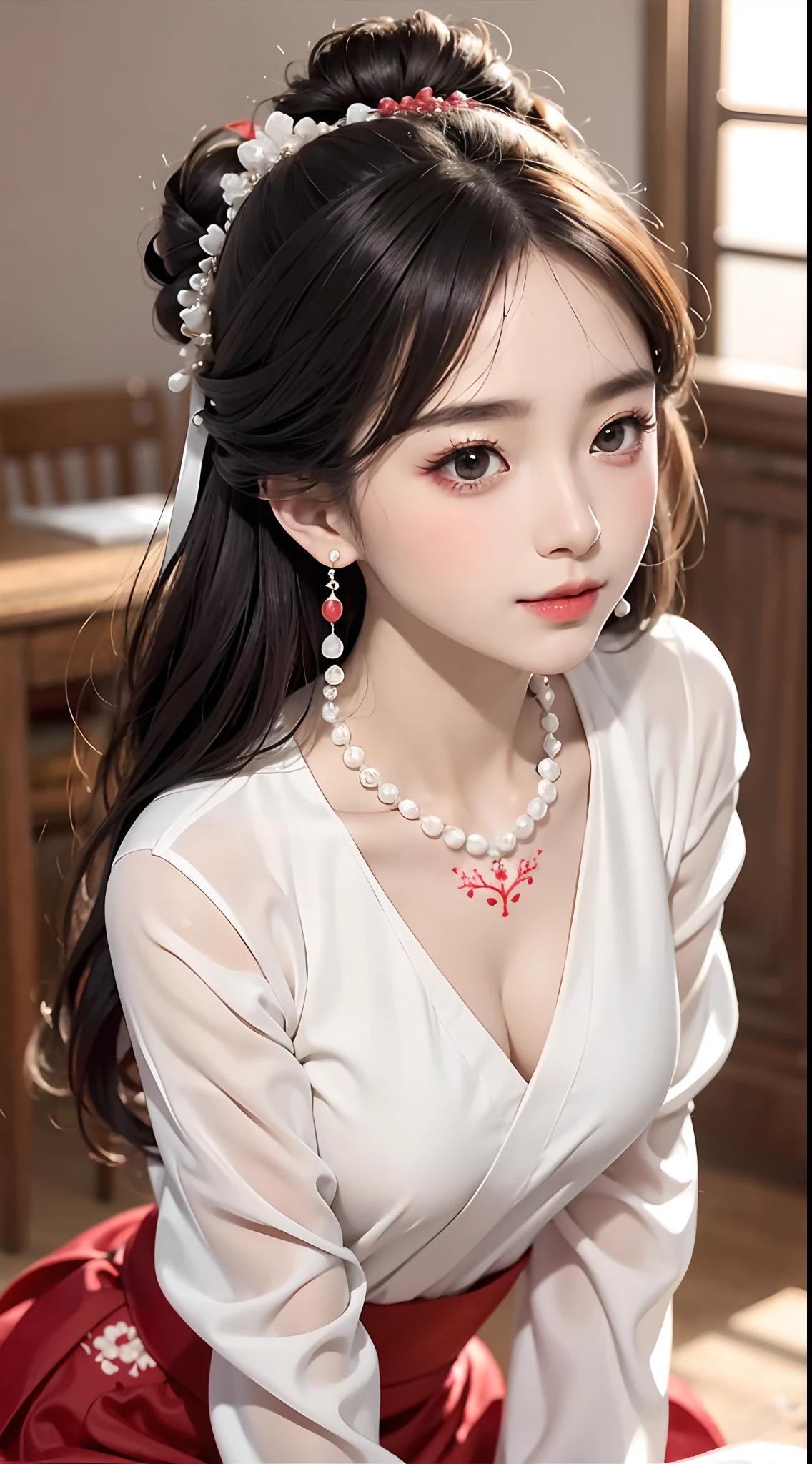 (8K, RAW photo, Photorealistic:1.25) ,( Gloss on lips, eyeslashes, gloss face, Glossy glossy skin, Best quality, 超高分辨率, Depth of field, color difference, Caustics, Broad lighting, naturalshadow, Kpop idol) Watch the audience tranquil goddess-like bliss,high school classroom,a sailor suit,Miniskirt high detail,8K resolution,超高分辨率,A young girl, A cute girl,short detailed hair,hair-bun,lipsticks,Tassel earrings,Black clear eyes,Smooth hair,鎖骨,Exquisite and perfect facial features, the most beautiful big eyes,Long eyelashes,The eyes are sweet and there are lying silkworms,dynamic angle,Extreme picture quality,Highest precision,Precise and perfect human anatomy,(((Antique red and white edges to improve Hanfu,Red embroidery))),((sitted)),Warm scene,超高分辨率,Ultra-clear vintage black flowing hair,Delicate bun)By bangs,(Long flowing hair,With a bun:1.3)),Delicate collarbones,beautiful make up,Exquisite and perfect facial features,,Big watery eyes,Lying silkworm,Long eyelashes,The eyes are sweet and have eye shadow,Slim waist,Do not show your hands,,lipsticks,Blushlush,Delicate earring earrings,pearls necklace