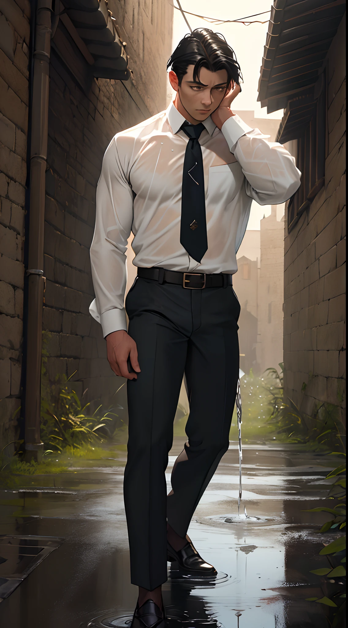 A3R1, Hector Fey ,Look more at the upper body,Suit pants view,legs separated,A3R1,pissing,Pee yourself,His own urine ran down his thighs,perfect male figure, Aerith Gainsborough ,Put your hands in your trouser pockets,Pee from his legs,yellow eyes,Surrounded by other people, Stand in a very dirty medieval castle,and the sun was shining brightly,Wear a tie,wearing leather belt,Long Sleeve White Shirt,(The shirt is soaked),Black hair short hair,perspire,Black suit trousers,dress shoes,Nervously bow your head,is shy,embarressed,is shocked,panicking,worry,exteriors,On dry ground, A small puddle of his own urine formed around his feet,Very eager to pee,Wet yourself,Urine discharge,high detal,hentail realism,ultra-realistic realism,three sided view, A masterpiece of careful planning,A high resolution, hyper HD ,anatomy correct,super detailing,best qualtiy,A high resolution,8K