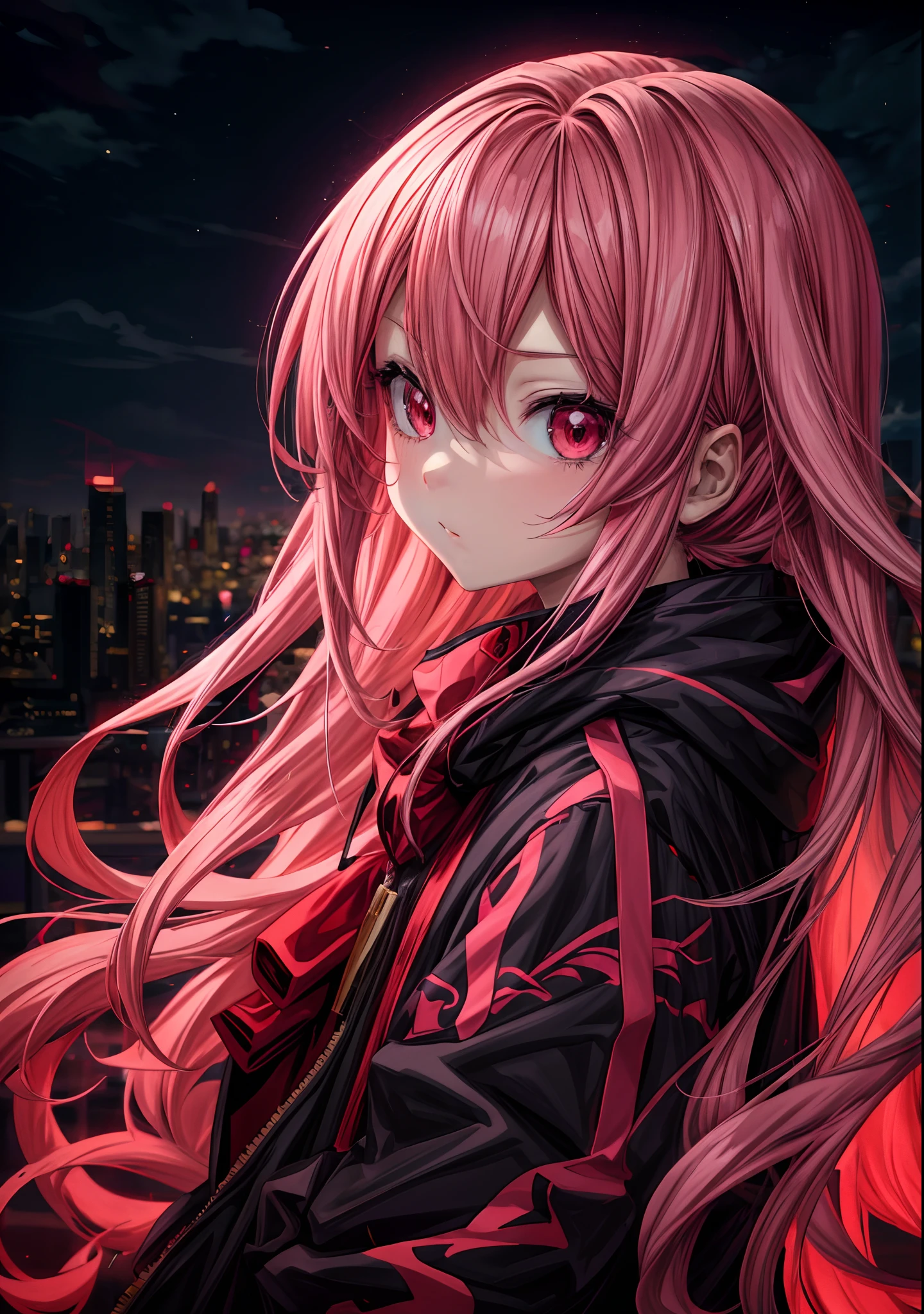 anime girl with long pink hair and red eyes standing in front of a city, best anime 4k konachan wallpaper, anime style 4 k, badass anime 8 k, 4k anime wallpaper, anime wallpaper 4 k, anime wallpaper 4k, anime art wallpaper 8 k, anime art wallpaper 4k, anime art wallpaper 4 k, anime vibes