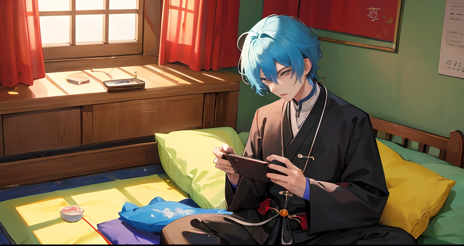 quadratic element，One guy，Young and handsome Taoist priest，Vintage rooms，Sit on a futon，playing with mobile phone，Bright colors，Incense，Tea