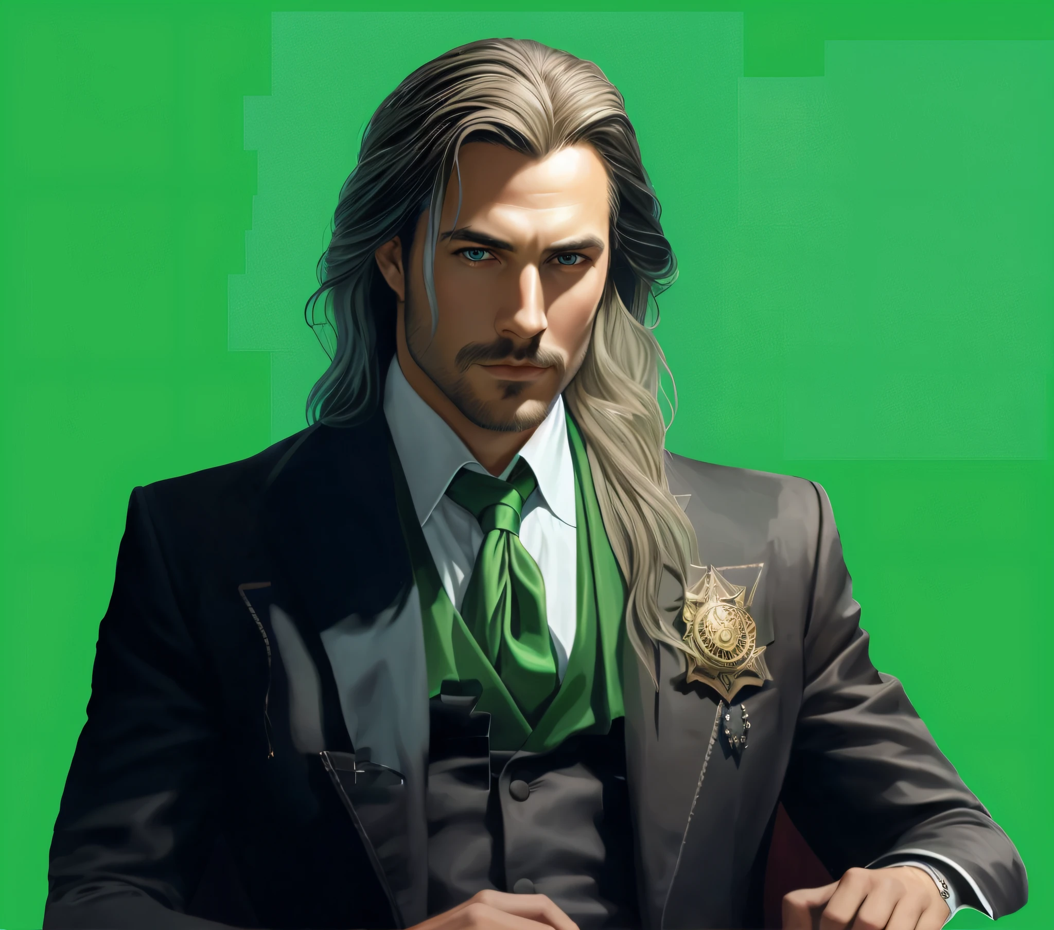 There is a man in a gothic suit and tie holding sitting on a chair on a green background, lcabelos ondulados maravilhosos, casimiro arte, Retrato de fin wildcloak, Epic art of ultra realistic exquisite characters, Stanley Artgerm Lau, retrato masculino da fantasia, amazing portrait of viego, Sylas, bonito impressionante realista, hypnotic, arte de personagem impressionante, papel de prede, arte do personagem masculino humano, arte do retrato do personagem, Stanely Artgerm, Um retrato de um elfo masculino, 8k.