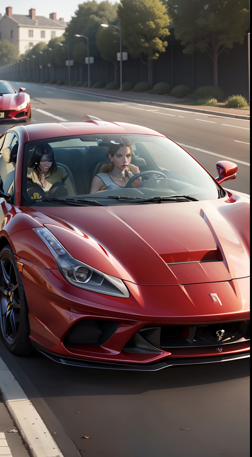 A red Ferrari Inside the Ferrari sits a beautiful woman, And the car hit people at a very fast speed
