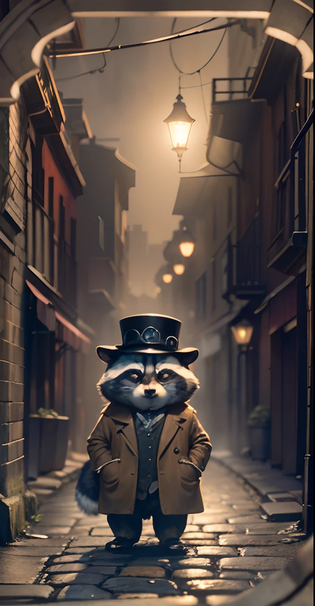 : Envision a dapper raccoon in a detective's attire, complete with a tweed coat, magnifying glass, and a Sherlock Holmes-style hat, standing in a misty alleyway illuminated by the warm glow of a streetlamp. The alley is nestled within a vintage, cobblestone-filled cityscape, with intricate architectural details on the buildings. The air is filled with a sense of mystery and intrigue, as if a captivating puzzle is waiting to be solved. The atmosphere is laden with suspense and anticipation, drawing viewers into a noir-inspired world. Photography, taken with a vintage film camera and a 50mm lens, capturing the atmospheric lighting and architectural textures,