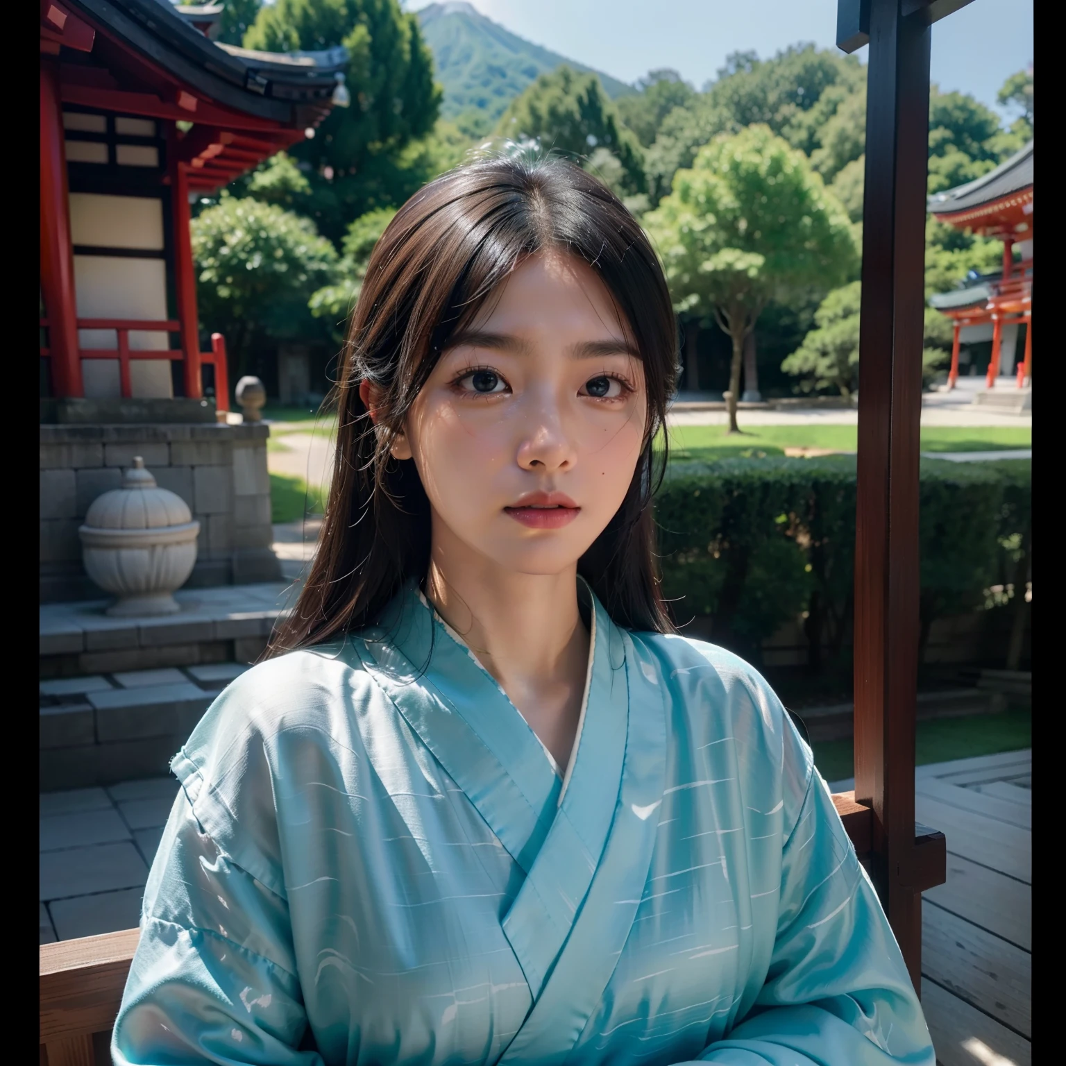 ((top-quality))、((masterpiece))、(ighly detailed:1.3)、HDR(HighDynamicRange)、Ray traching、nvidia RTX、Hyper-Resolution、Unreal 5、sub-surface Scattering、PBR Textures、post processed、Anisotropy Filtering、depth of fields、Maximum sharpness and sharpness、 multi-layer texture、Albedo and specular mapping、Surface Shading、Accurate simulation of light-material interactions、Perfect Ratios、octane renderings、Duotone lighting、Low ISO、White Balance、thirds rule、Large aperture、8K RAW、high efficiency sub-pixel、sub-pixel convolution、Luminescent particles、light scattering、Tindall Effect、one beautiful women、Sad face、Crying face、Beautiful facial features、Eyes are double、Worship at a temple in Japan、Bright sunshine、Mourning、kimono、Scenery with a Japanese atmosphere、temple、Buddha、Eyebrow thinning、