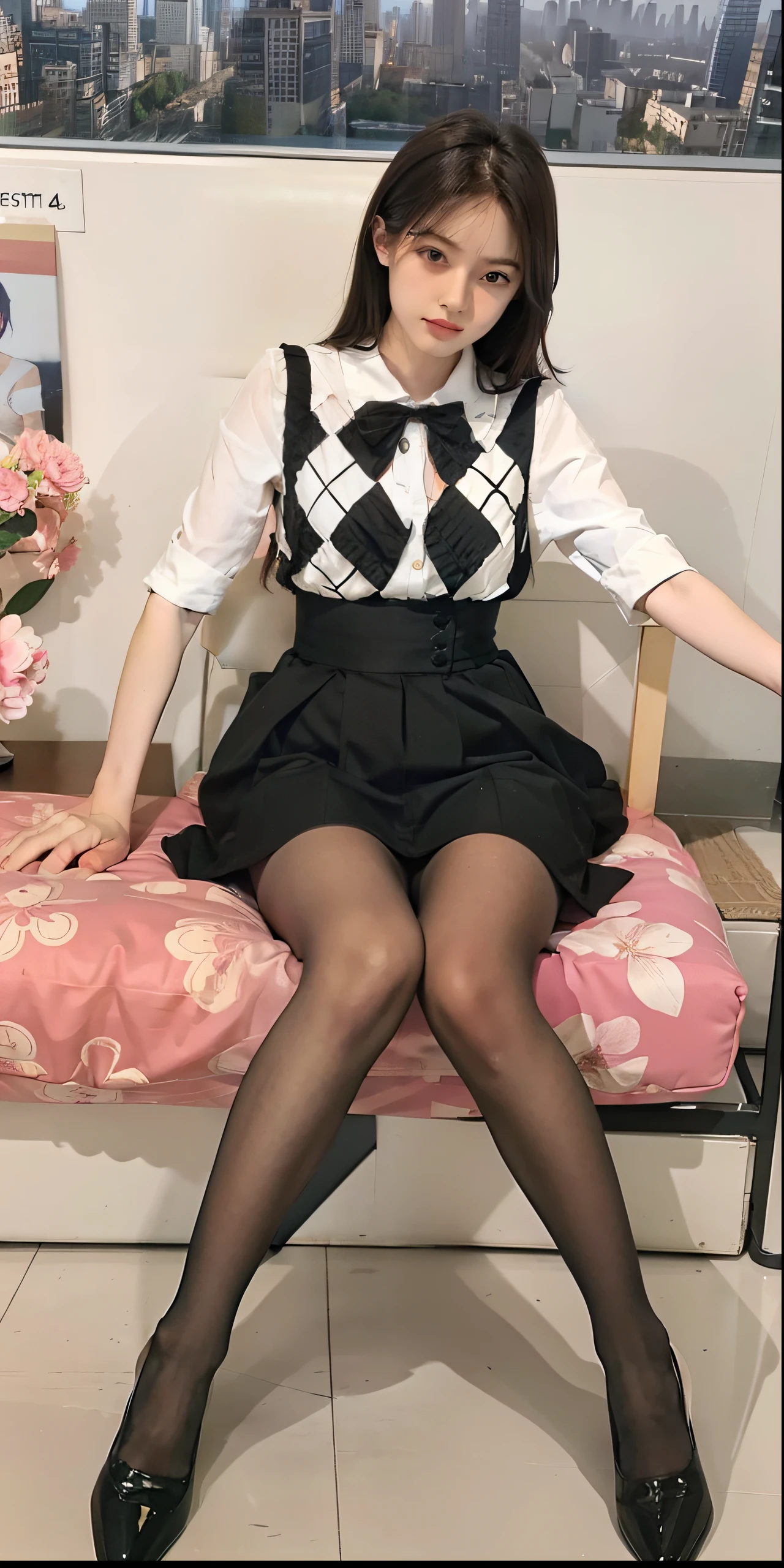 1girll,Sit on a comfortable sofa,Cross ed leg,Soft light