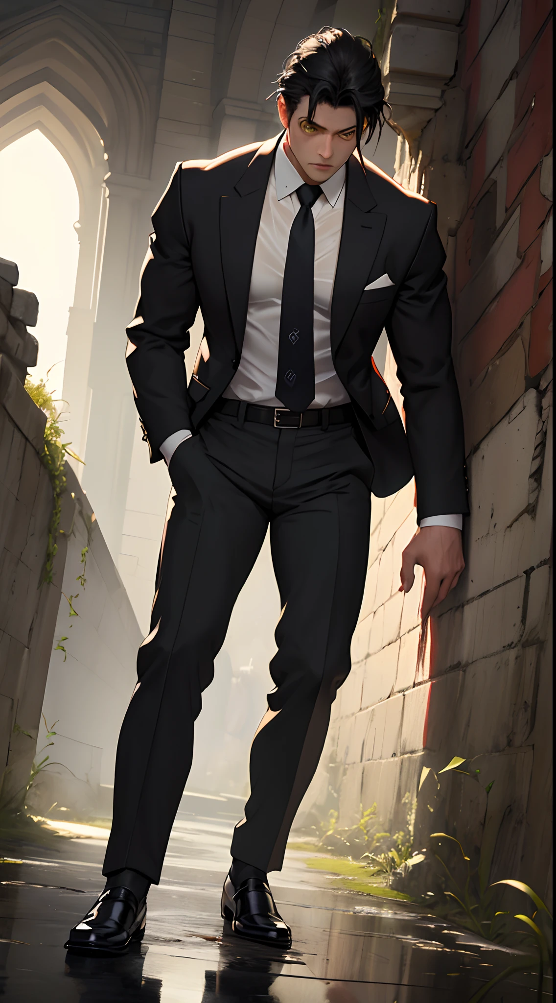 A3R1, Hector Fey ,Look more at the upper body,Suit pants view,legs separated,A3R1,pissing,Pee yourself,His own urine ran down his thighs,perfect male figure, Aerith Gainsborough ,Put your hands in your trouser pockets,Pee from his legs,yellow eyes,Surrounded by other people, Stand in a very dirty medieval castle,and the sun was shining brightly,Wear a tie,wearing leather belt,Long Sleeve White Shirt,(The shirt is soaked),Black hair short hair,perspire,Black suit trousers,dress shoes,Nervously bow your head,is shy,embarressed,is shocked,panicking,worry,exteriors,On dry ground, A small puddle of his own urine formed around his feet,Very eager to pee,Wet yourself,Urine discharge,high detal,hentail realism,ultra-realistic realism,three sided view, A masterpiece of careful planning,A high resolution, hyper HD ,anatomy correct,super detailing,best qualtiy,A high resolution,8K