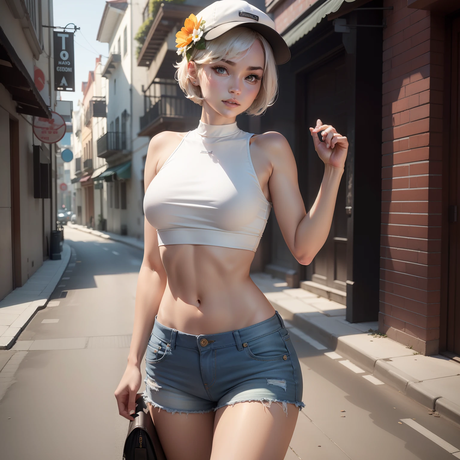 ((Best Quality, 8K, Masterpiece: 1.3)), (Flower Cap: 1.3), Focus: 1.2, Perfect Body Beauty: 1.4, Buttocks: 1.2, (Layered Haircut: 1.2)), (Dark Street: 1.3), Highly Detailed Face and Skin Texture, Full Body, Fine Eyes, Double Eyelids, Whitened Skin, Short Hair, (Round Face: 1.5), (Loose Crop Top, Shorts: 1.6)