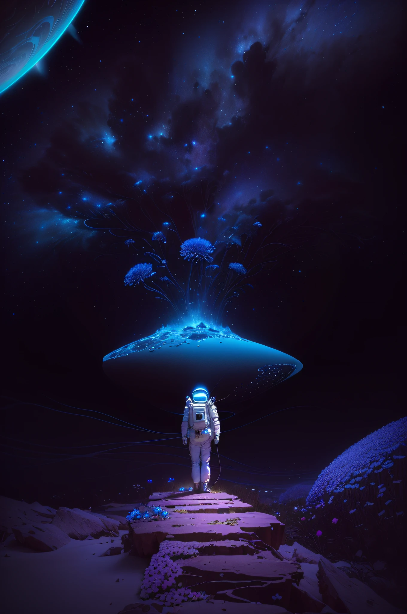 an astronaut with a bouquet of flowers on his head, inspired by Mike Winkelmann, spotted ultra realistic, mute, huge flower, official splash art, very aesthetic, pollen, he has headphones, i dream of a vase flowers, avant uniform,  surrounded by flowers petals, standing in a field, best quality, masterpiece, cloud, colorful, starry, stars