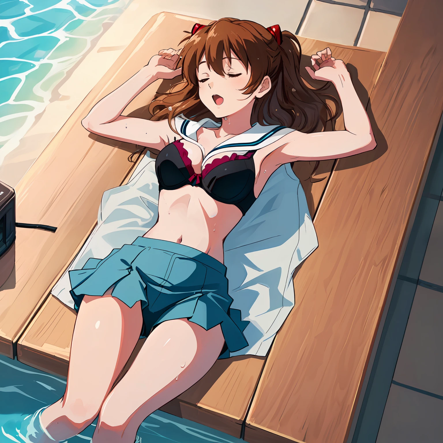 1girl in, Suzumiya Haruhi, 独奏, North College Uniform, Blue sailor color, Sailor collar, a blue skirt, brown haired, shorth hair, Brown-eyed, Armbands, shairband, Medium Hair, bow ribbon, sockes,((((top-quality、8K、32K、​masterpiece、nffsw:1.2))))、Cute Japan Female Pictures、perfectly cute girls、one girls、ember、Delicate and smooth skin、real looking skin、Perfect and beautiful face、Perfect and cute face、(From  above:1.2)、、(Light black underwear、wet​、beautiful nipple slips:1.4))、transparent flesh-colored micro bikini、is standing))、shinny skin、Beautiful waist constriction、​masterpiece、 top-quality, hight resolution, 独奏, Has a small, Indoors, Out-of-position bras, T back, (leach:1.2), lying on one's side, From  above, arms extended,a bed, Disheveled underwear, Rough breath, Sexual Performance Hospitality, one girls, sheer brassiere, breastsout, breastsout, cleavage of the breast, closed her eyes, s lips, length hair, open open mouth, Photo_\(Curly\), Pink_Bra, Pink_Shorts, realisitic, Are sleeping, Wet underwear,(​masterpiece),(photoRealstic: 1.3), NFSW, ultra-detailliert, (highdetailskin:1.2)、(top-quality:1.0)、(The ultra -The high-definition:1.0)、(top-quality、8K、32K、​masterpiece、nffsw:1.2)、((legs spread out))、Hide your crotch with your hands、1 girl floating hips、1 girl in、Asuka、evangerion、8K、top-quality、校服、detaileds、