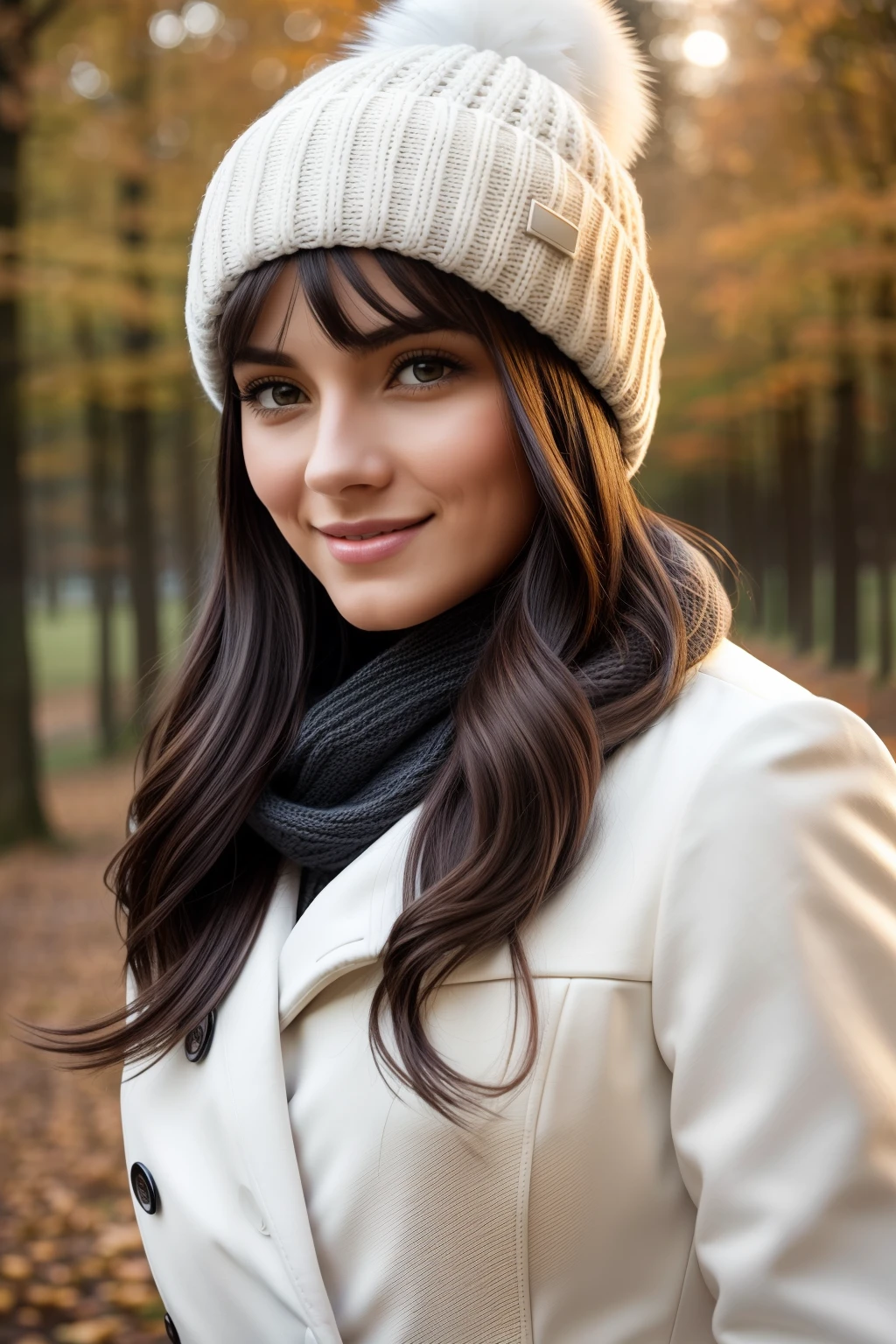 Photography of a beautiful girl, long flowing hair, (((heavy bust))), wearing a white bobble hat, long coat, autumn fluffy scarf, dull cloudy sky, gazing smile at the camera, symmetrical eyes, symmetrical face, photorealistic, photography, path tracing, specular lighting, volumetric face light, path traced hair, visible shadows, shadow mapping, glossiness map, visible reflections