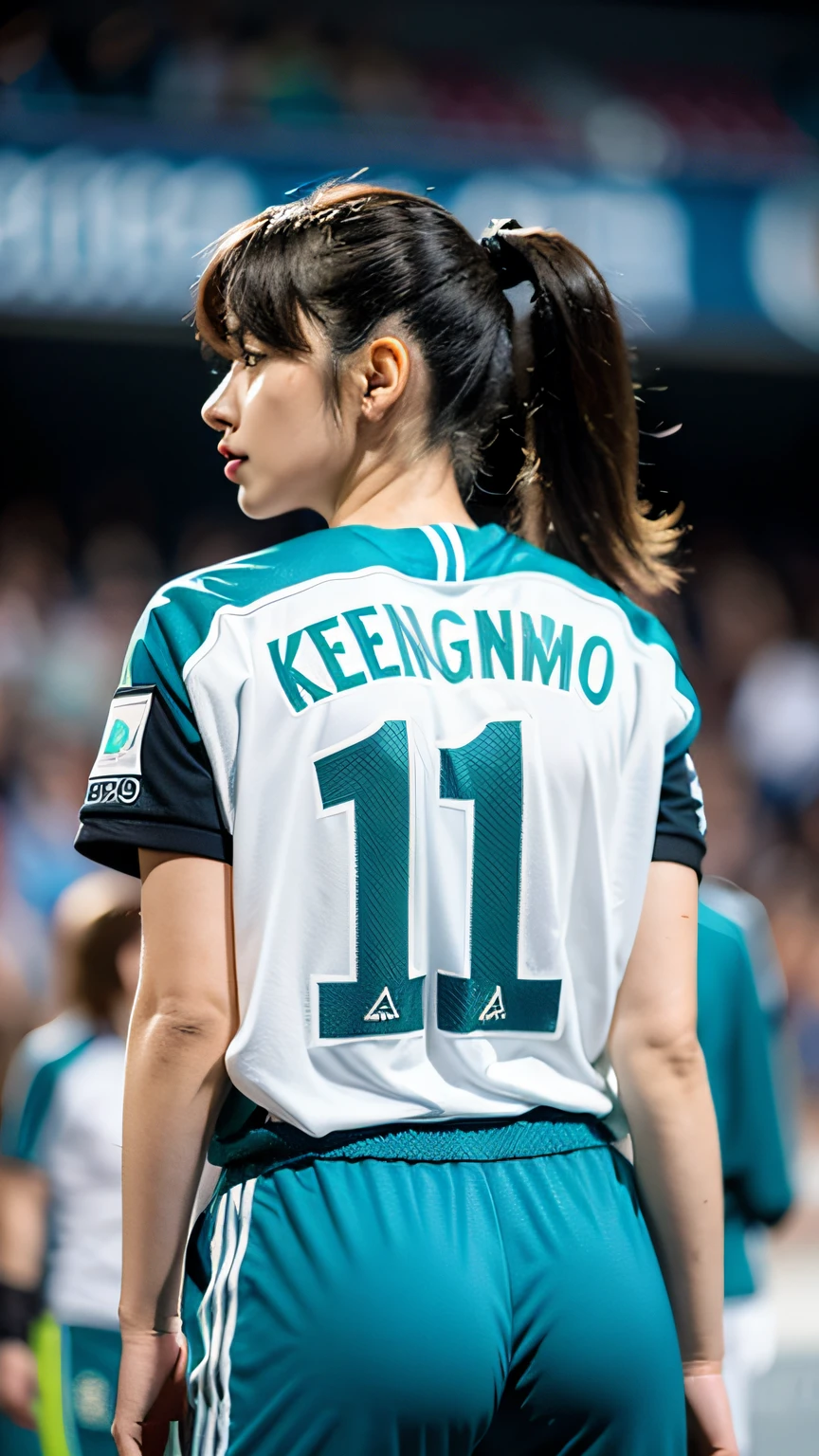(best qualtiy,8k,32k,tmasterpiece,UHD:1.2),Photo beautiful Korean woman,Stadium,With ponytail hair,Full body photo,Close-up of feet,Argentina number 10 shirt,Green sneakers,The background is the goal,from back,Turn your back to the audience,Preparing to shoot