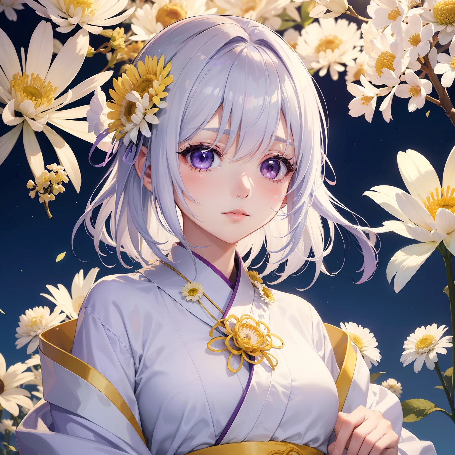 (Beautifully Aesthetic:1.2)、(1girl in:1.3)、(White and yellow colorful hair:1.2)、Wearing a colorful purple and white kimono、mysterious beauty、chrysanthemum、Chrysanthemum flowers bloom profusely、noble、chaste、