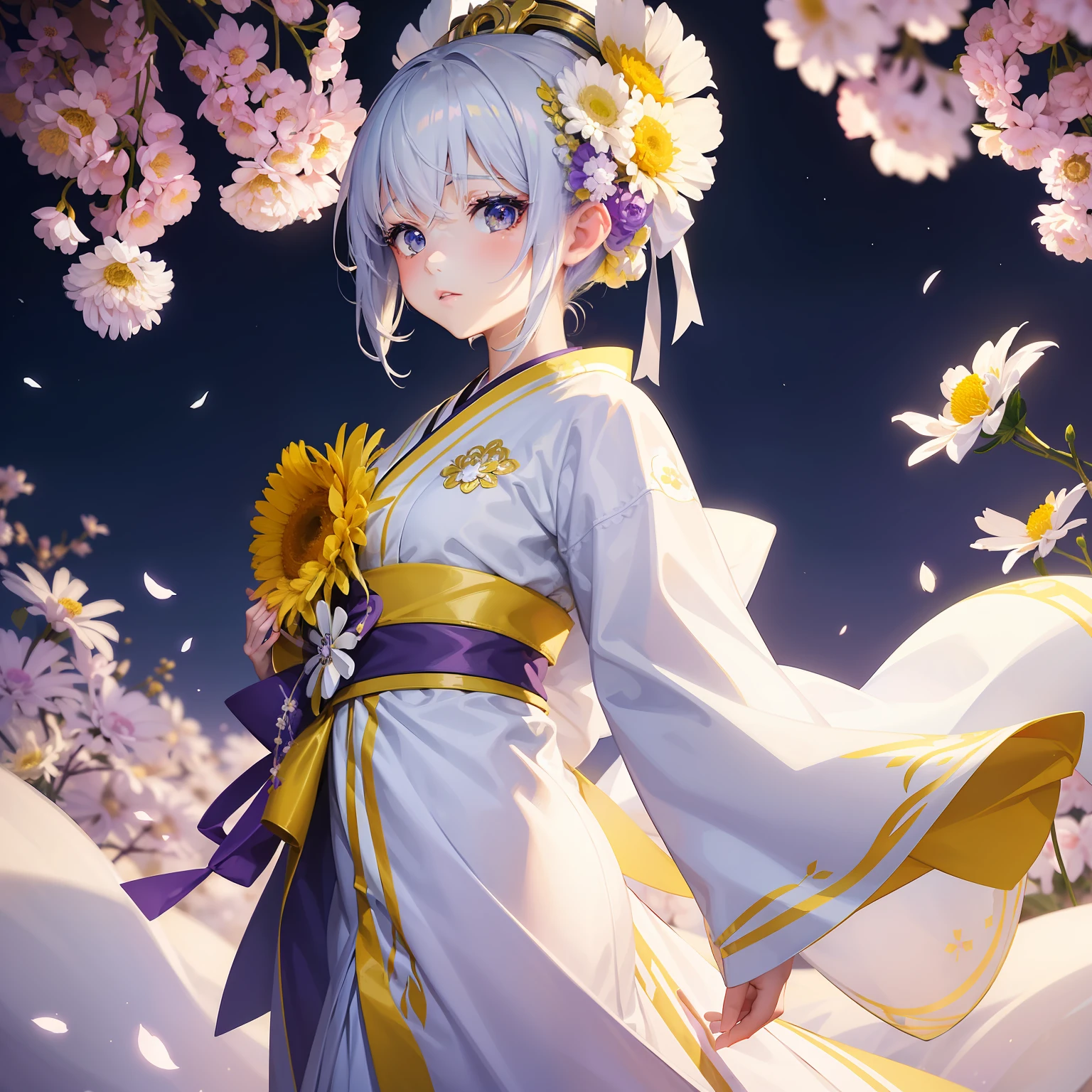 (Beautifully Aesthetic:1.2)、(1girl in:1.3)、（White and yellow colorful hair:1.2)、Wearing a colorful purple and white kimono、mysterious beauty、chrysanthemum、Chrysanthemum flowers bloom profusely、noble、chaste、