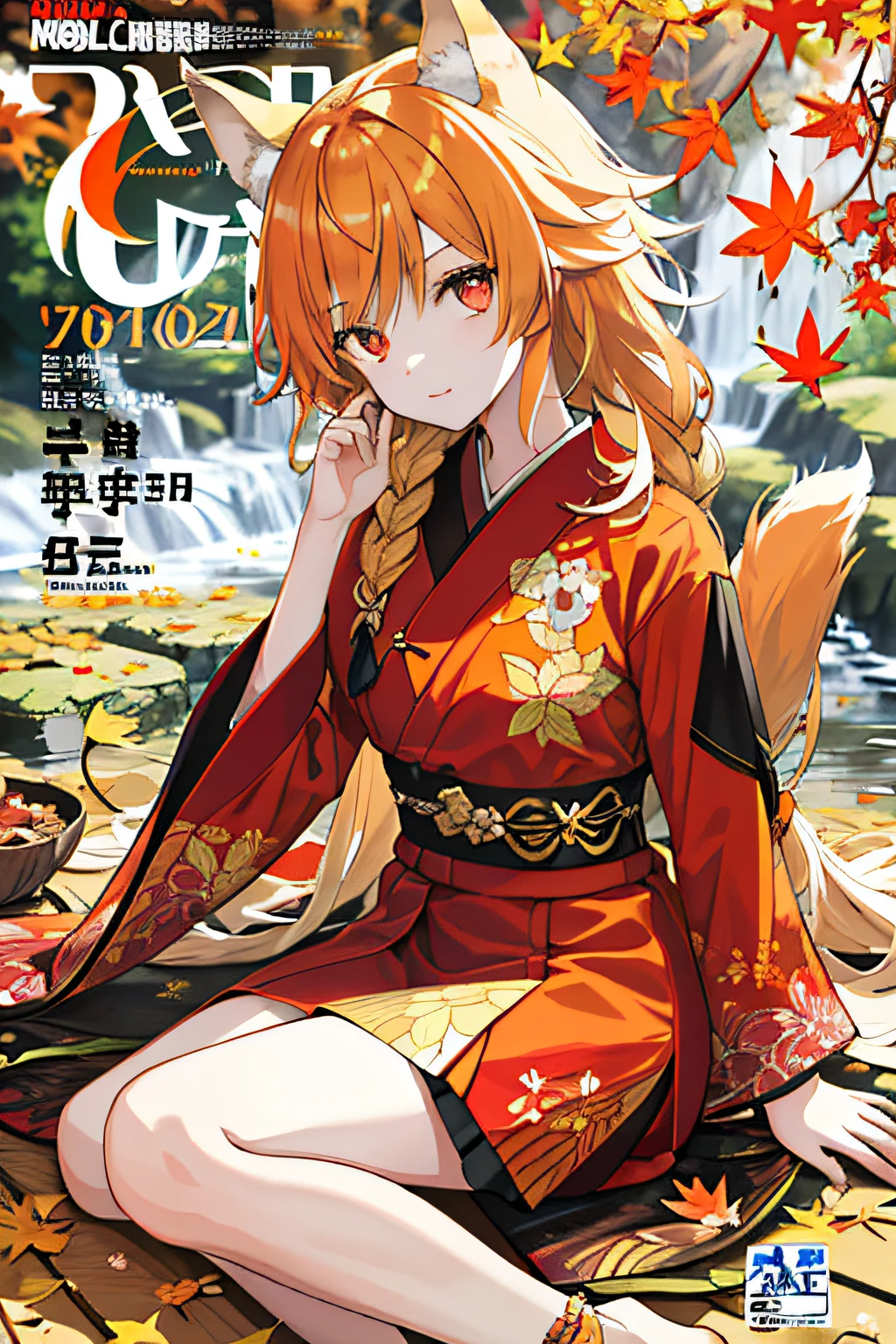 englai Fairyland,Chinese mythology,Colorful auspicious clouds,
autumn, autumn_leaves, falling_leaves, holding_leaf, leaf, leaf_background, leaf_hair_ornament, maple_leaf, aki_shizuha, leaf_print, starfish, anger_vein, ginkgo_leaf, leaf_on_head, spoken_anger_vein, tree, waterfall, sweet_potato, dragonfly, acorn, solo, braid, blurry_foreground, 1girl, day, painting, depth_of_field, blurry, long_hair, branch, hair_ornament, leaves_in_wind, forest, outdoors, nature, campfire, shirt, looking_at_viewer, onsen, koi, sitting, masterpiece, best quality, (best quality), ((masterpiece)), (highres), original, extremely detailed 8K wallpaper, (an extremely delicate and beautiful),((detailed face)),beautiful detail eyes,hair fluttering in the wind,messy hair,lens flare,
1girl,full body,(golden eye),(red eye),(wolf ear),(yellow hair),(wolf tail),(wolf ears),(a cute young girl:1.1),(wolf ear),beautiful detailed eyes,orange hair, very long hair,small breasts,(looking at viewer),
(magazine:1.3), (cover-style:1.3), fashionable, woman, vibrant, outfit, posing, front, colorful, dynamic, background, elements, confident, expression, holding, statement, accessory, majestic, coiled, around, touch, scene, text, cover, bold, attention-grabbing, title, stylish, font, catchy, headline, larger, striking, modern, trendy, focus, fashion,