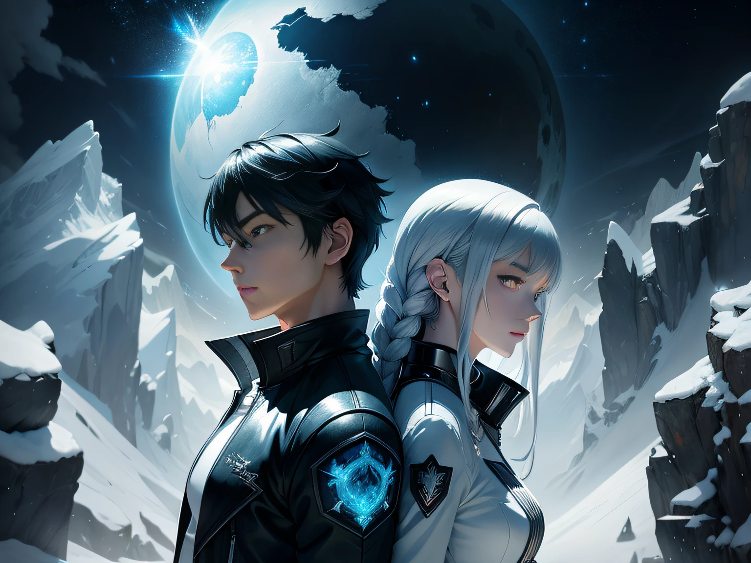 Ice and snow background for two anime characters,(Young man with short black hair in white jacket and young woman with long blue hair wearing white lace,Delicate skin and delicate face,Wearing white lace:1.7)An anime cover, modern sci-fi anime, sci fi anime, sci fi anime, 2 0 21 anime, style of anime4 K, nightcore, Avatar image, Doomsday Frozen Novel Cover Art, Official anime artwork, sakimichan and frank franzzeta, infinite celestial library, High quality anime art style,Doomsday freezes,Cinematic lighting, Atmospheric perspective, Best quality
