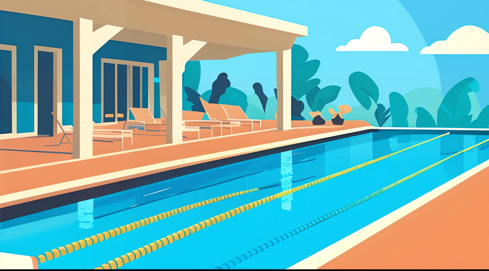 Flat vector illustration,The background is blue,(There are cartoon swimlanes in the environment:1.3),Swimmer,Pool in the background
