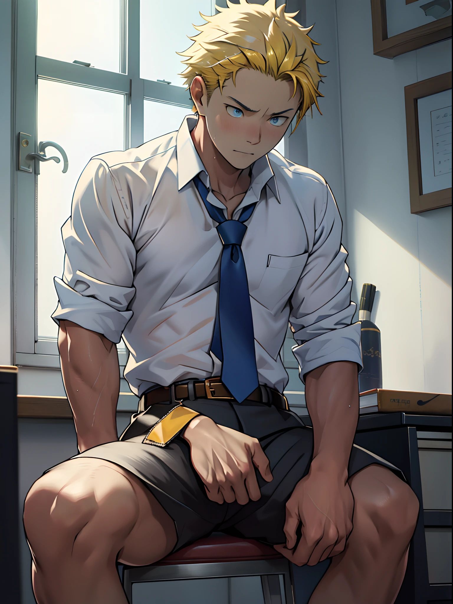 (1 Adult male),A high resolution, Sharp focus, Pixiv masterpiece, ((Complicated details)), highly detailed, natsuki_subaru, 1 man, Lazy,full bodyesbian,sit astride,Tired,decadent, blue color eyes(eyes glowing), Short yellow hair,white shirt,Wear a tie,Wear a belt,perspire,Drenched,Get wet,look from down