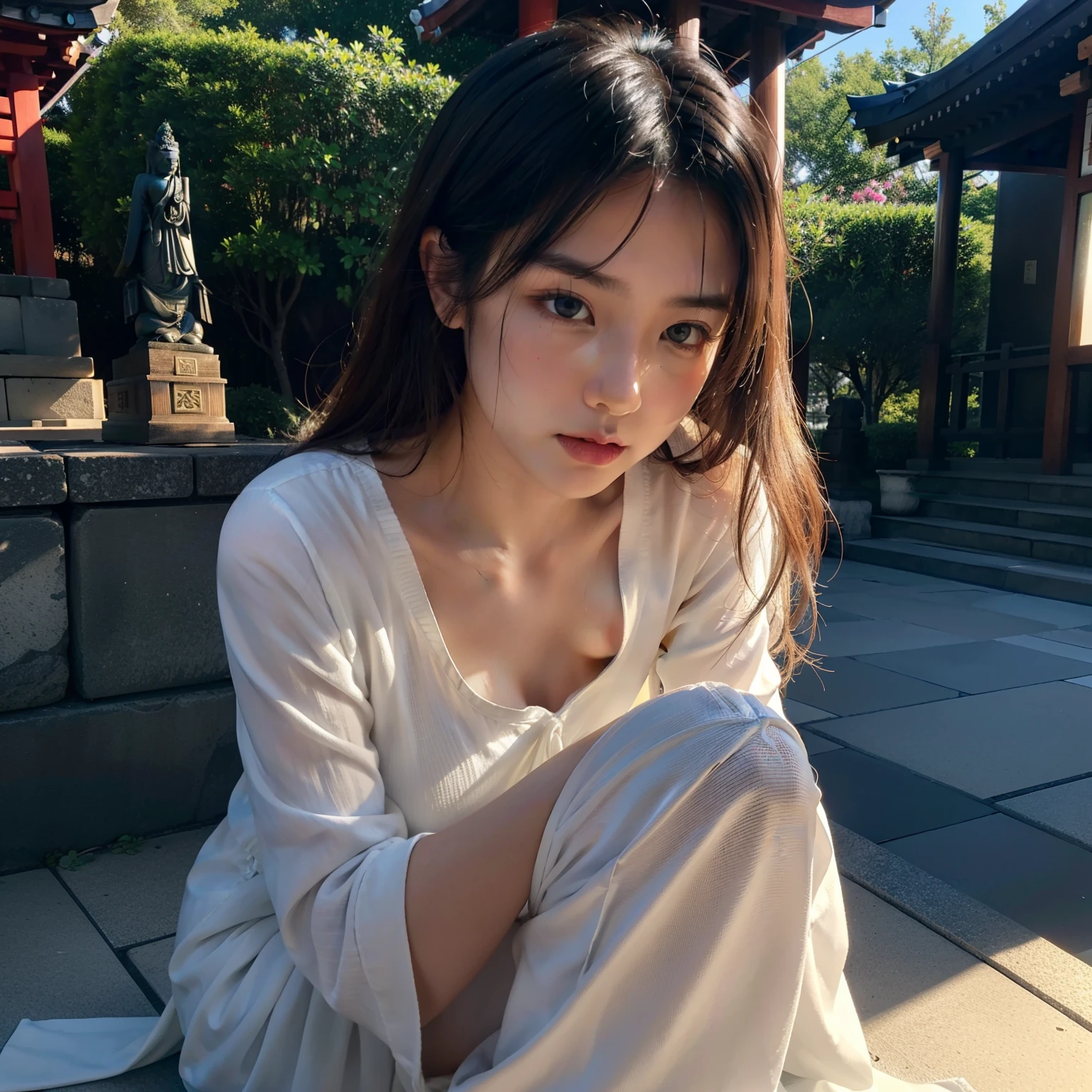 ((top-quality))、((masterpiece))、(ighly detailed:1.3)、HDR(HighDynamicRange)、Ray traching、nvidia RTX、Hyper-Resolution、Unreal 5、sub-surface Scattering、PBR Textures、post processed、Anisotropy Filtering、depth of fields、Maximum sharpness and sharpness、 multi-layer texture、Albedo and specular mapping、Surface Shading、Accurate simulation of light-material interactions、Perfect Ratios、octane renderings、Duotone lighting、Low ISO、White Balance、thirds rule、Large aperture、8K RAW、high efficiency sub-pixel、sub-pixel convolution、Luminescent particles、light scattering、Tindall Effect、one beautiful women、Sad face、Crying face、tears、Beautiful facial features、Eyes are double、Worship at a temple in Japan、Bright sunshine、Mourning、Scenery with a Japanese atmosphere、temple、Large Buddha statue、Thin eyebrows、