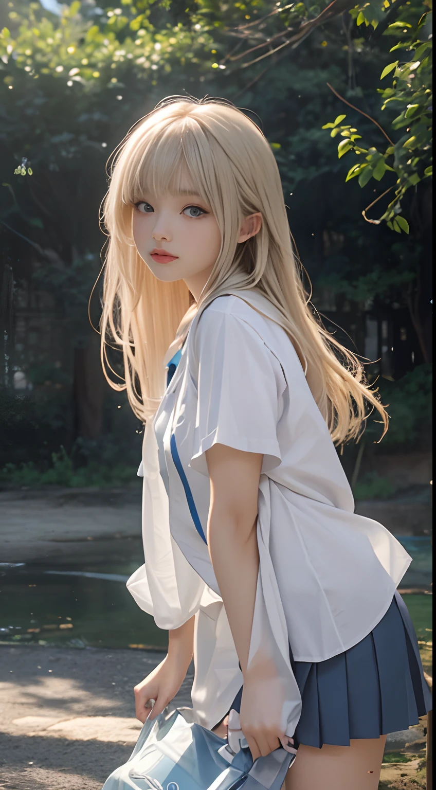 En plein air、Swaying bangs、ultimate beauty girl、Care for bangs、poneyTail、Hair care、Very beautiful 18 year old cute girl、A miniskirt、Shiny white young beautiful skin、sexy and very beautiful good looks、very cute face,extreme beautiful、Super long shiny natural platinum blonde、Silky straight hair、wide blue eyes,Translucent、School uniforms
