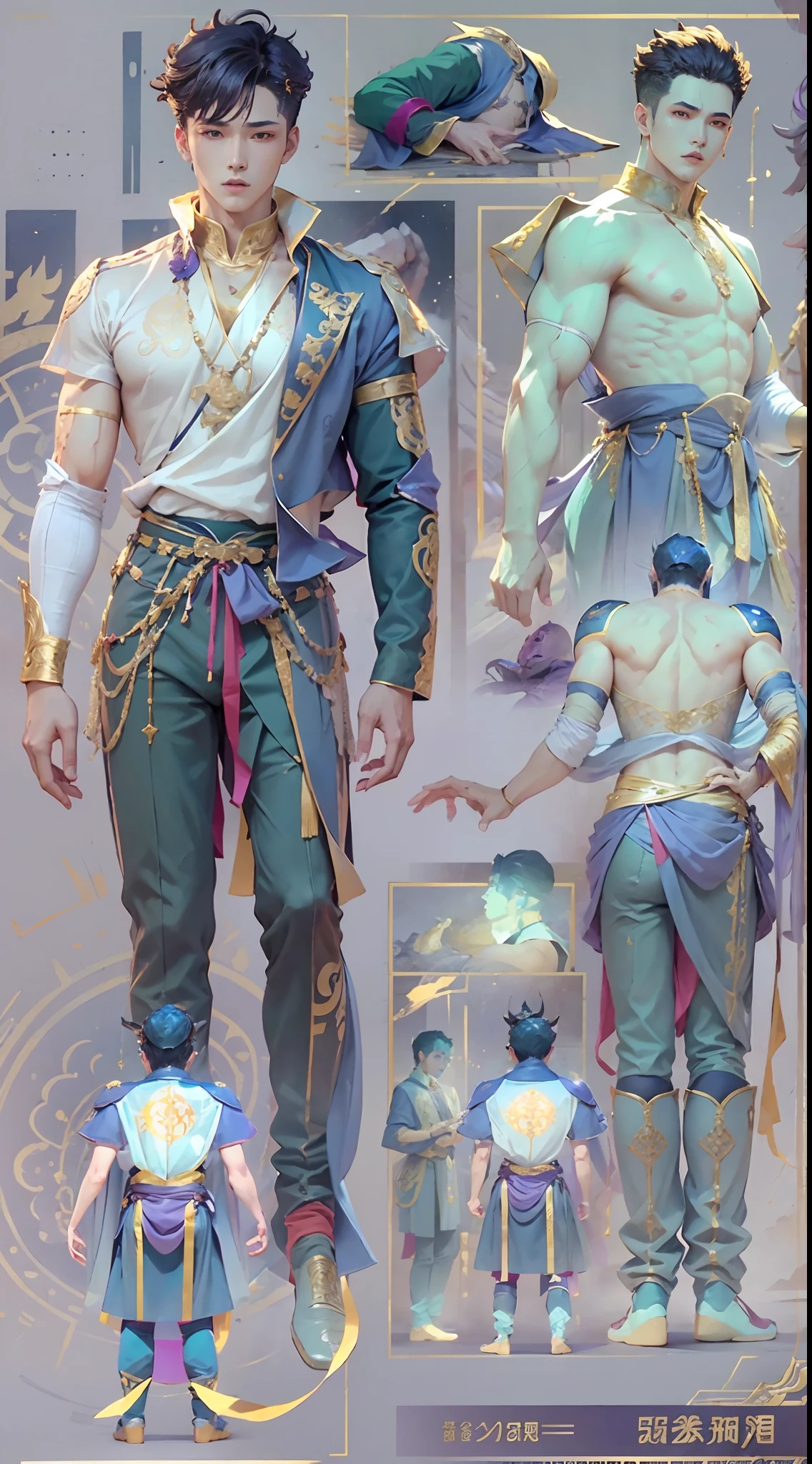 A boy，male people，Sculpture design，Figures，GK model，（The whole body of the character），Expose muscles，（sexy for），（Exquisite base），The color of the clothes is gold，blue and violet，Transparent texture，Wu Yifan，musculous