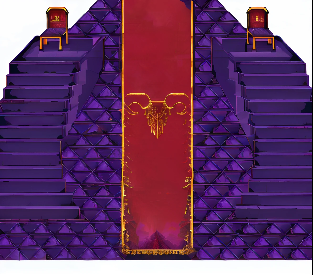 Close-up of purple stairs with red carpet, decadent throne room, evil lair, Throne Room, demonic shrine, in a throne room, exquisitely designed throne room, dagoth ur, game asset occult, rustic throne room, The ultimate boss, castlevania inspired, Glowing throne, Detailed game art,a map of rpg game,Top angle of view,pixelart,Pixel art,Tremendous progress has been made on both sides,There is a throne at the end of the steps,The throne is printed with a crown motif,purpleish color,Purple landscape,Purple floor tiles,Purple steps,Purple flame