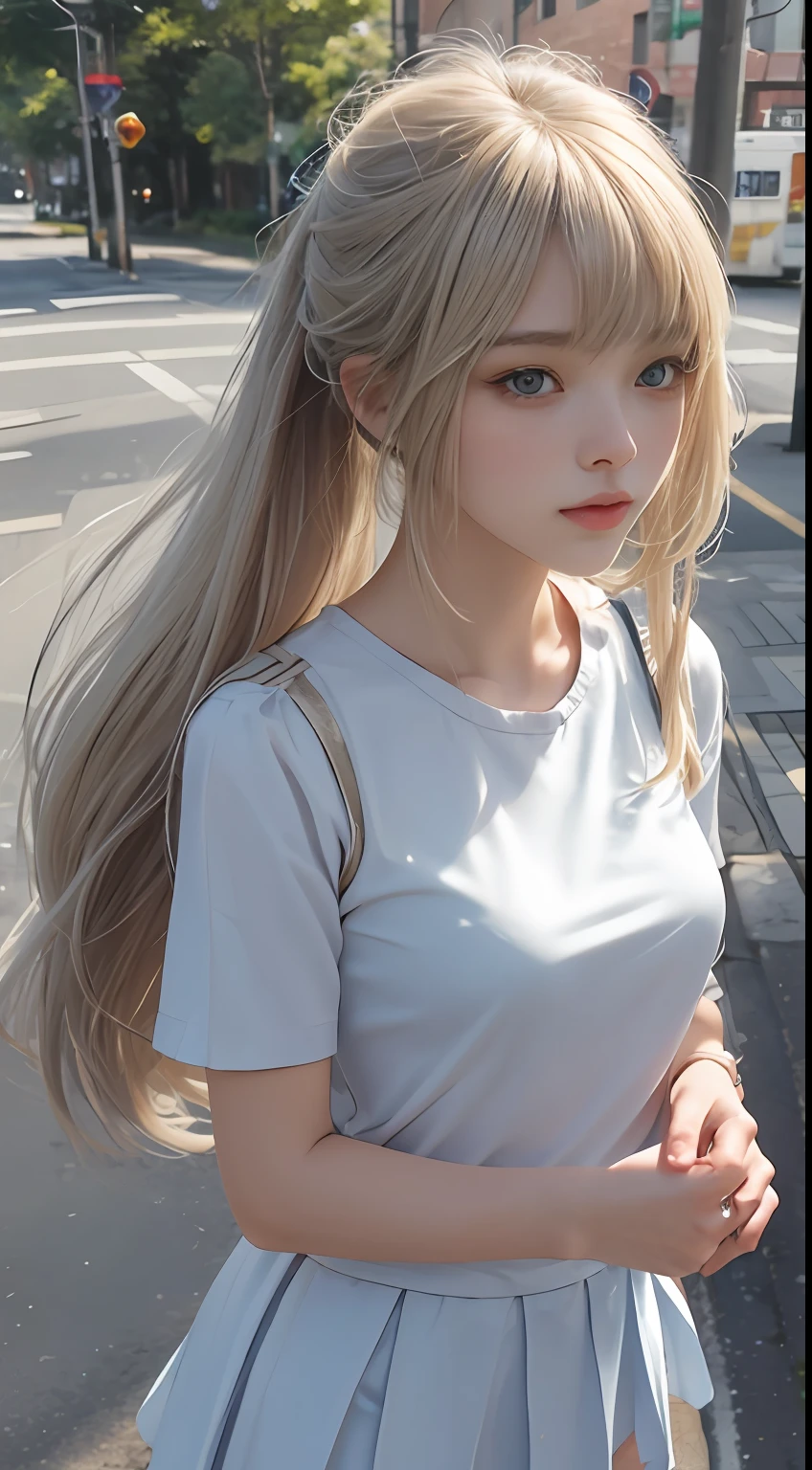 En plein air、Swaying bangs、ultimate beauty girl、Care for bangs、poneyTail、Hair care、Very beautiful 18 year old cute girl、A miniskirt、Shiny white young beautiful skin、sexy and very beautiful good looks、very cute face,extreme beautiful、Super long shiny natural platinum blonde、Silky straight hair、wide blue eyes,Translucent、School uniforms