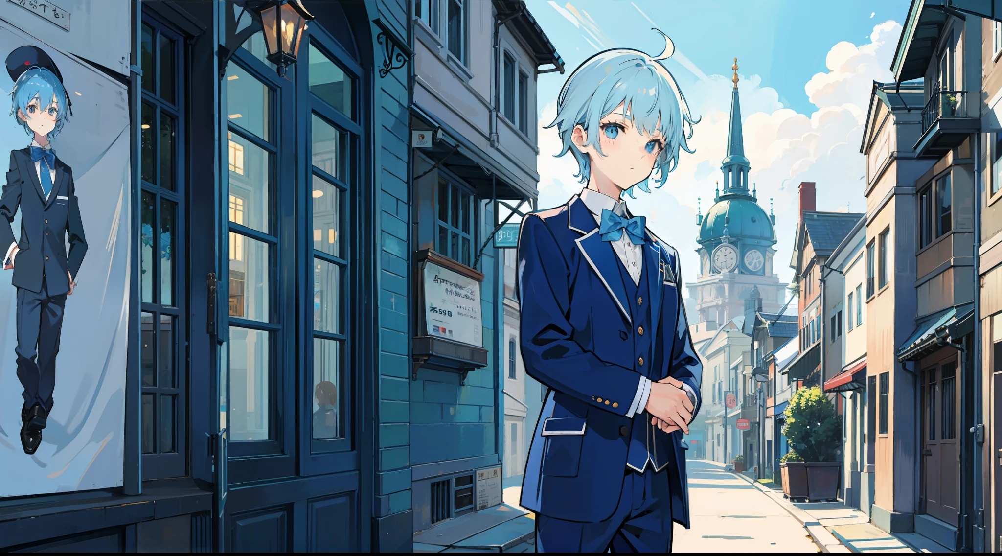 Libido boy，junior school student，blue hairs，adolable，Buildings