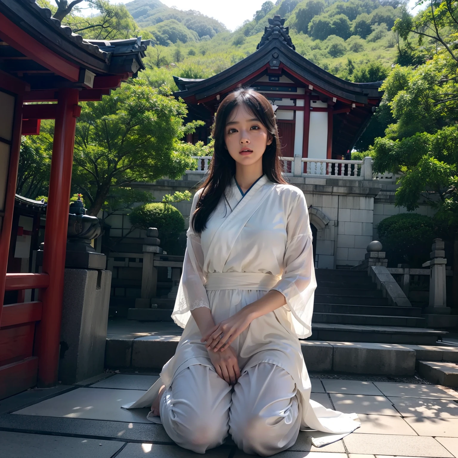 ((top-quality))、((​masterpiece))、(ighly detailed:1.3)、HDR(HighDynamicRange)、Ray traching、nvidia RTX、Hyper-Resolution、Unreal 5、sub-surface Scattering、PBR Textures、post processed、Anisotropy Filtering、depth of fields、Maximum sharpness and sharpness、 multi-layer texture、Albedo and specular mapping、Surface Shading、Accurate simulation of light-material interactions、Perfect Ratios、octane renderings、Duotone lighting、Low ISO、White Balance、thirds rule、Large aperture、8K RAW、high efficiency sub-pixel、sub-pixel convolution、Luminescent particles、light scattering、Tindall Effect、one beautiful women、Sad face、Crying face、tears、Beautiful facial features、Eyes are double、Worship at a temple in Japan、Bright sunshine、Mourning、Scenery with a Japanese atmosphere、temple、Large Buddha statue、Thin eyebrows、
