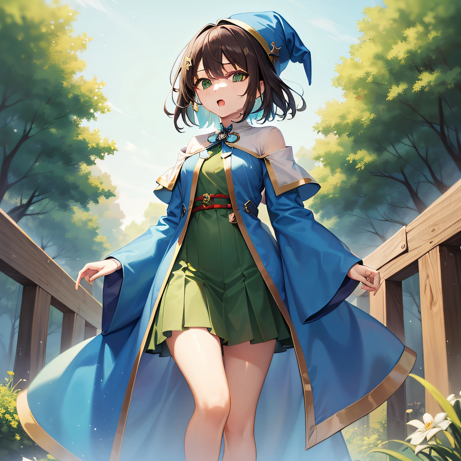 top-quality、extremely delicate and beautiful、((A teenage girl))、Green eyes、Small breasts、Short hair、Brown hair mixed in、Short hair、(Green Wizard Hat)、(a large blue ribbon on the head)Soio、Green clothing、long-sleeve、Red brooch on the neck、((Blue wizard robe dressed in green))、Standing