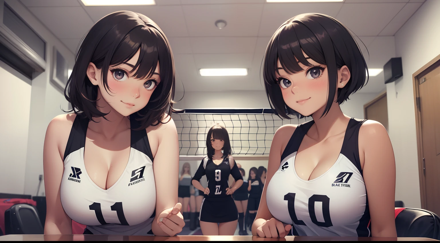 (Best quality:1.1), (Masterpiece:1.2), 5 girls,track suit,are standing,Highqualityshadow, Beautiful detailed, Beautiful face, Detailed eyes,Depth of field, big laughter,A high resolution, Best shadow, Best illumination, Kizi, view the viewer, (Five-color hair:1.3),Brush cut,extra very short hair, Blunt bangs, Long hair, Black eyes, Shy, Large breasts, Miniskirt, Volleyball hall,inside in room,Exercise posture, Sunburn,Boo marker,cleavage,looks into camera,ssmile,closeup cleavage,Superskirt