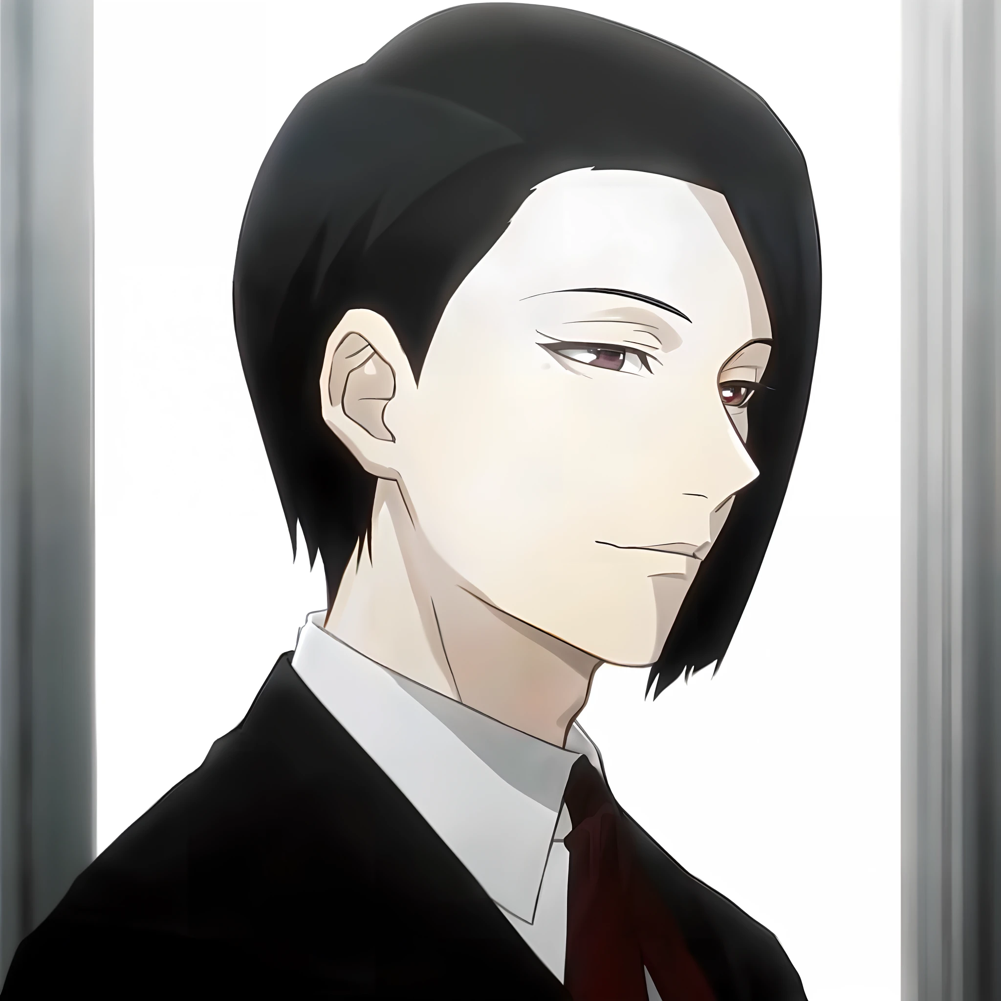 A man in a suit and tie looking at an anime image in the distance, sui ishida with black hair, ( ( ( yoshinari yoh ) ) ), inspired by Munakata Shikō, shuushuu anime image, as an anime character, in the anime series ergo proxy, sebastian michaelis, male anime character