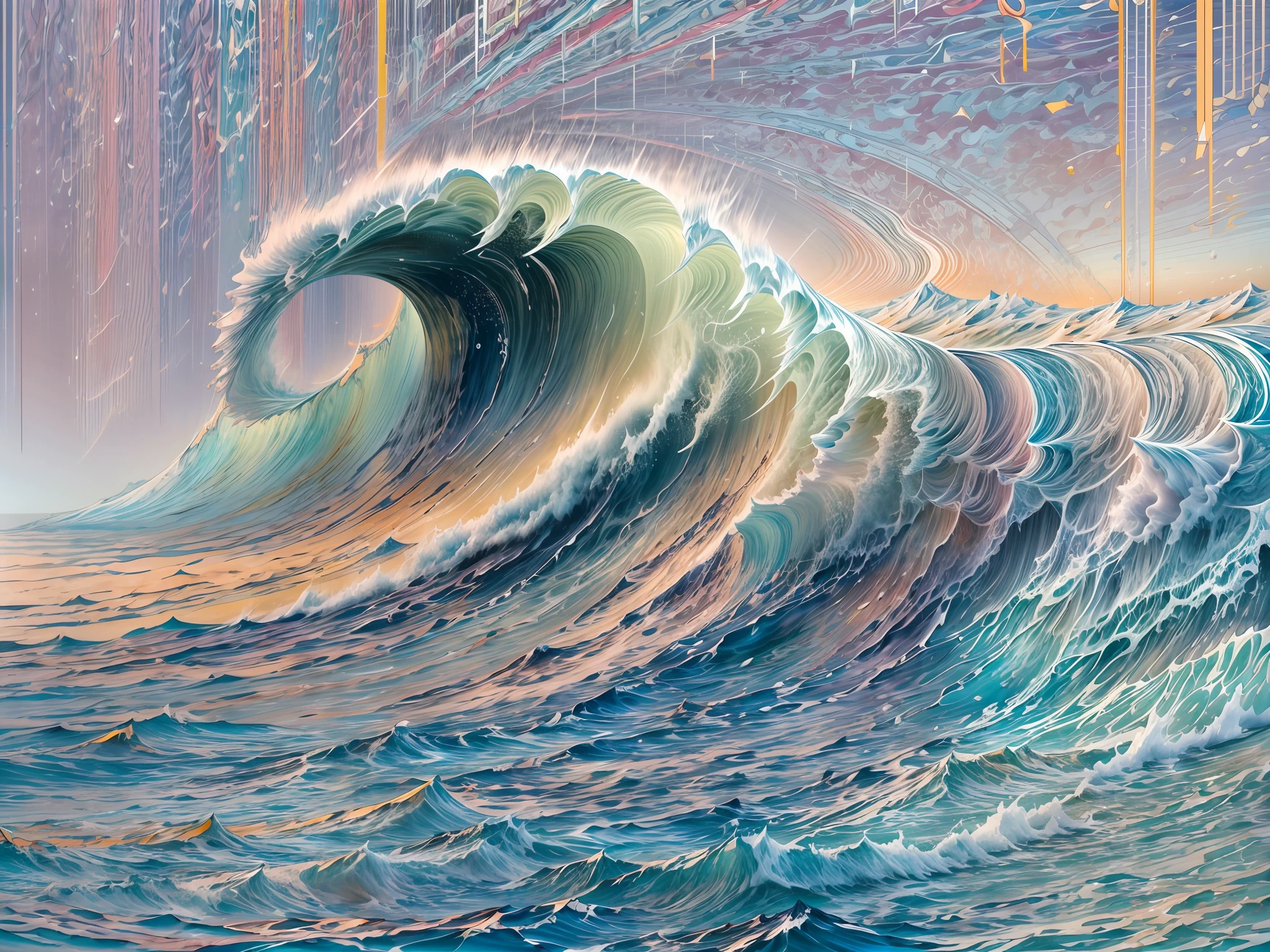Hyperdetailed regenerative [glitch] art, matte, understated, attention-grabbing, (harmonic) impressionism, abstract illusionism, cerebral, (interconnection), alchemy, (dynamic exploration of movement as meaning), reciprocation, concept:

"the wing of the sea is the wave;
the wave of the sky is the rain;
the salt of the rain falls as hail"