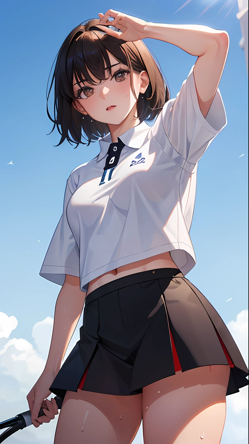 1girl, solo, white polo shirt, white sneakers, tennis wear, white miniskirt, masterpiece, best quality, realistic, hyper-detailed, (shiny skin, sweaty:1.4), absurd, looking at viewer, short black hair, brown eyes, slender, dynamic lighting, high resolution, sharp focus, depth of field, detailed eyes, sharp pupils, realistic pupils, (small breasts:1.6), (thick thighs:1.0), outdoor, sky