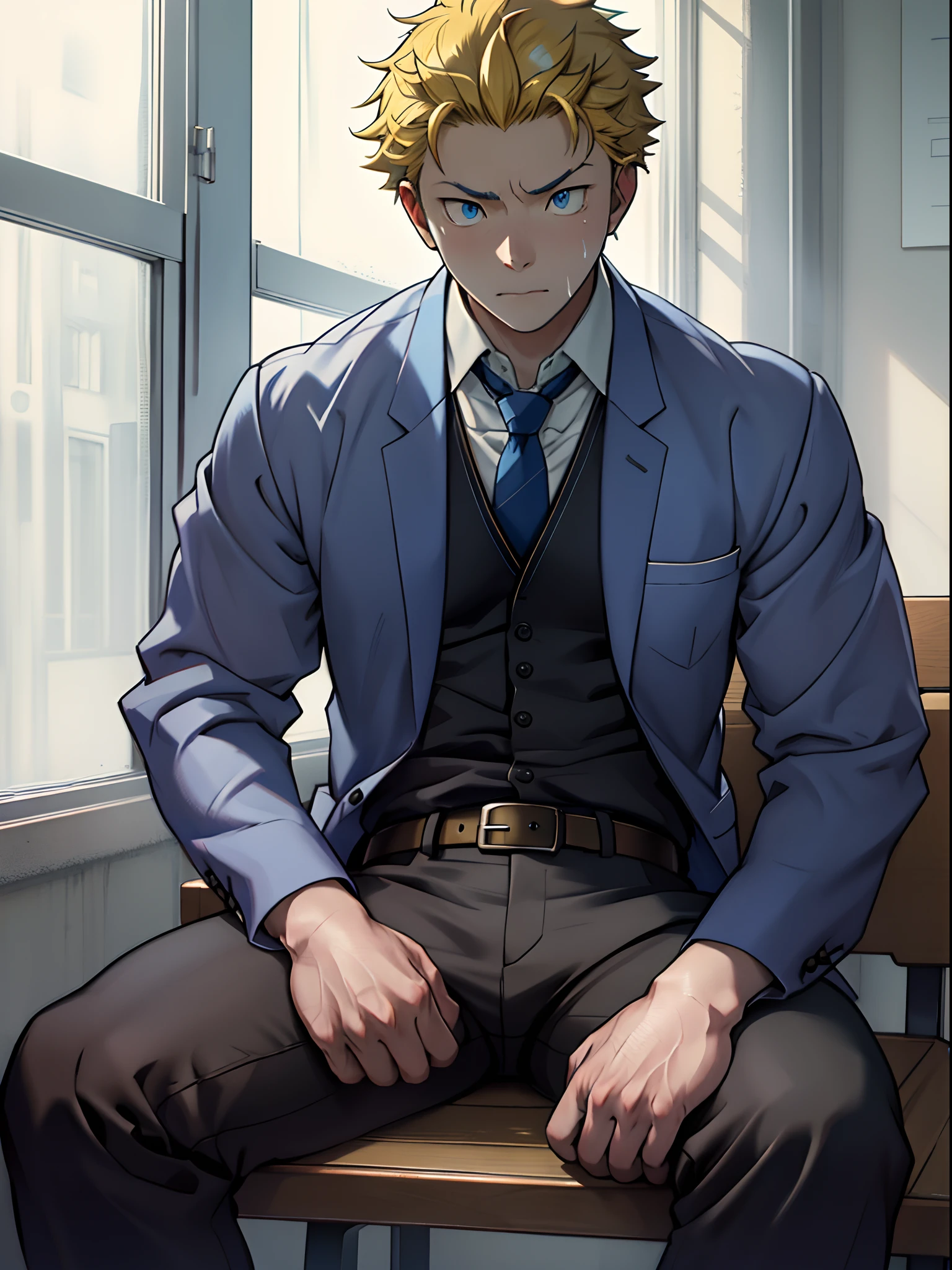 （1 Adult male），A high resolution， Sharp focus， Pixiv masterpiece， （（Complicated details））， highly  detailed， natsuki_subaru， 1 man， Lazy，full bodyesbian，sit astride，Tired，decadent， blue color eyes（eyes glowing）， Short yellow hair，white  shirt，Wear a tie，Wear a belt，perspire，Drenched，Get wet，look from down