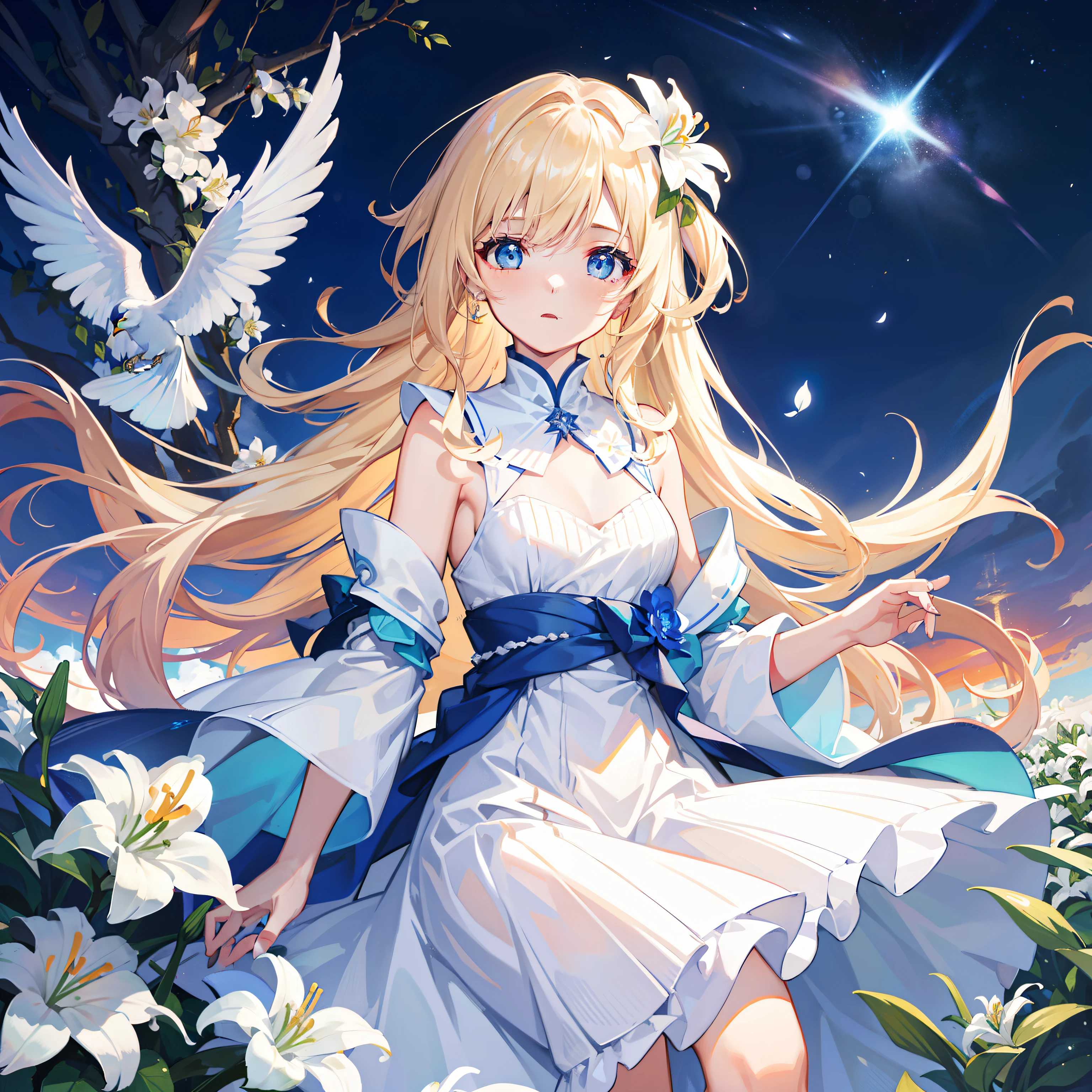 tmasterpiece, best qualtiy, extremely detaile, Cinematic lightning, intricately details, A high resolution, offcial art, Fine beautiful face and eyes, high-resolution illustrations, 4K, depth of fields, Bokeh,( 独奏),( 1girll:1.2),coiffed blonde hair,Shawl hair,(hairflower、White lilies),Lively young face,Sky blue stardust eyes,The small mouth pouted slightly,Wearing a gorgeous white dress,Wear precious jewelry on your chest,In the magnificent big garden,Colorful petals fall,Bright white light shone on her body,There are white flowers everywhere,Beautiful and dreamy,The white bird flew past her,blue open sky,Ray traching,light particules,电影灯光,Volumetric lights,hdr,a warm color palette,dynamic scene,