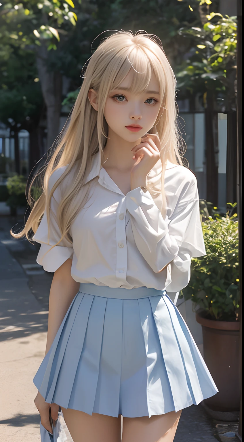 En plein air、Swaying bangs、ultimate beauty girl、Care for bangs、poneyTail、Hair care、Very beautiful 18 year old cute girl、A miniskirt、Shiny white young beautiful skin、sexy and very beautiful good looks、very cute face，extreme beautiful、Super long shiny natural platinum blonde、Silky straight hair、wide blue eyes，Translucent、School uniforms