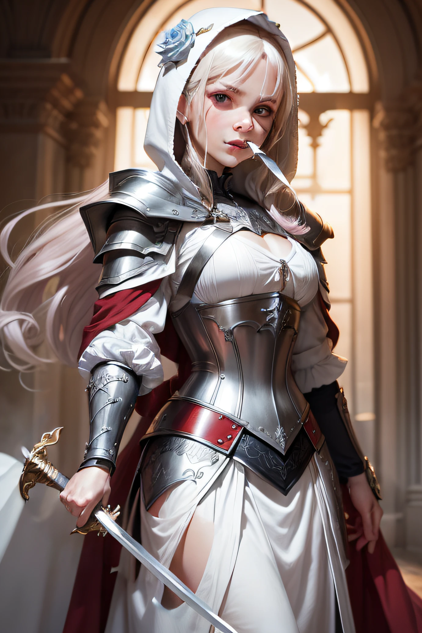 holding a longsword，Roses in mouth，The face is delicate，prette，Rich，No hood