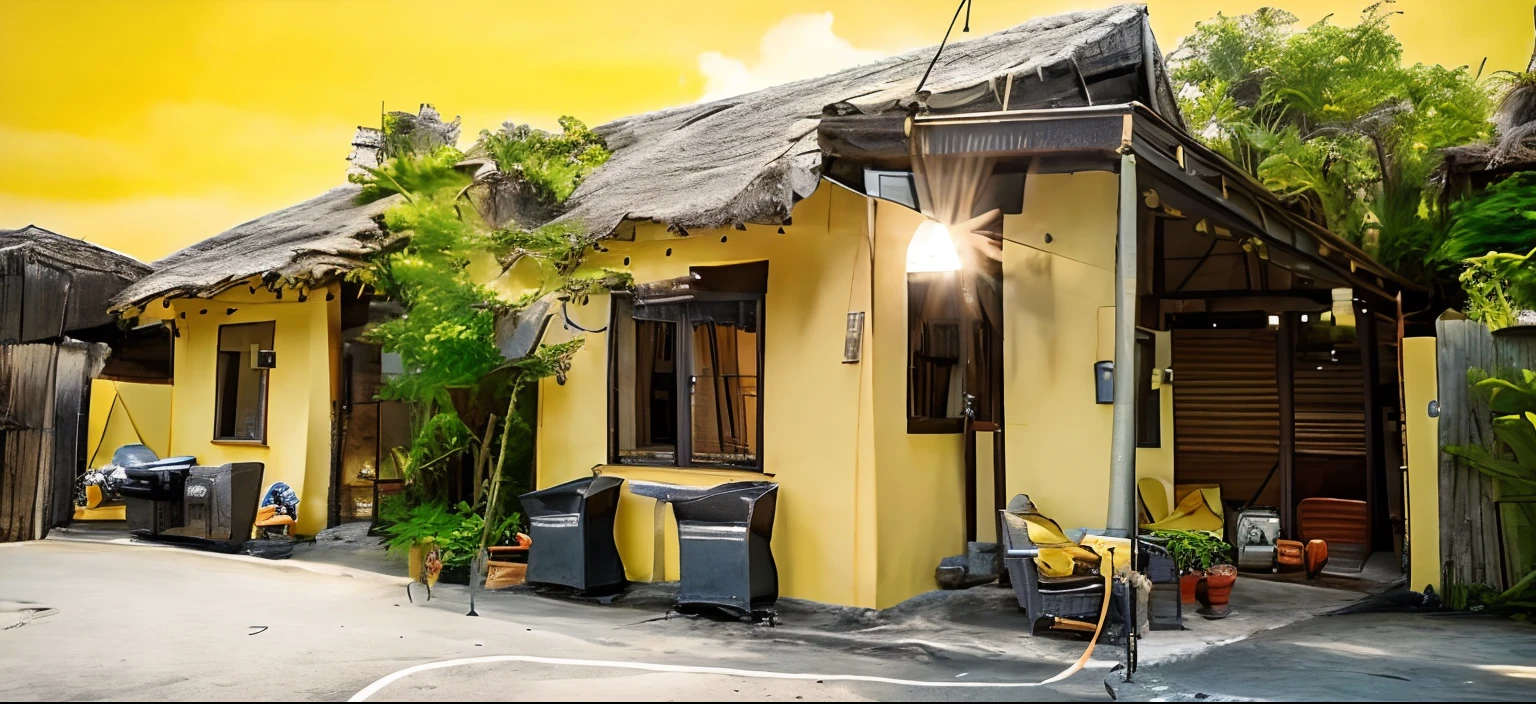 there is a small yellow house with a thatched roof, frontview, outside view, front-view, facing front, exterior view, front side, 3/4 profile, front facing, mid-view, a wide full shot, seen from outside, front view dramatic, front view, a middle-shot from front, front facing shot, full - view