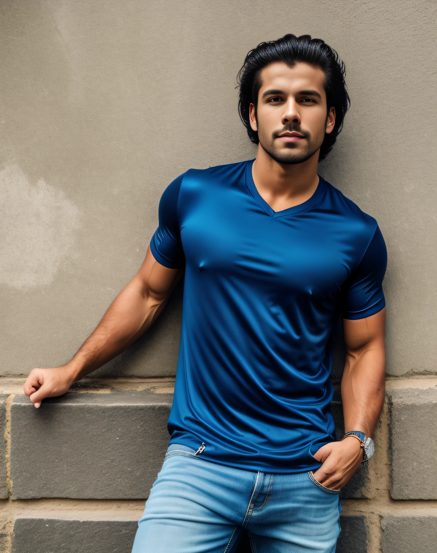 handsome stud man standing in front of a wall with a super bike, modeling shoot, handsome man, stylish pose, with a cool pose, full body photogenic shot, with muscular body, restore fce