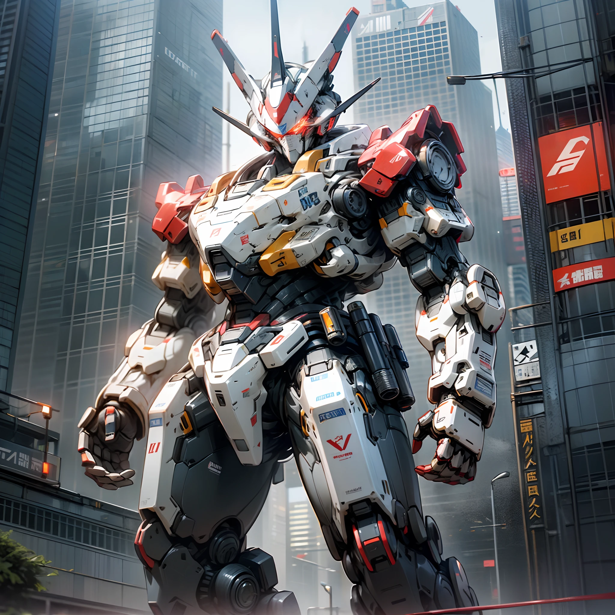 jpn、TOKYOcty、akihabara、Giant robot standing upright、Ingram of Patlabor、((A giant robot with a police motif))、((The body color of the robot is white and black))、((The word POLICE is printed on the body of the robot))、((Patlite parts are attached to the robot body))、((Red LED parts are attached to the robot body))、((Handgun in one hand))、Skyscraper District