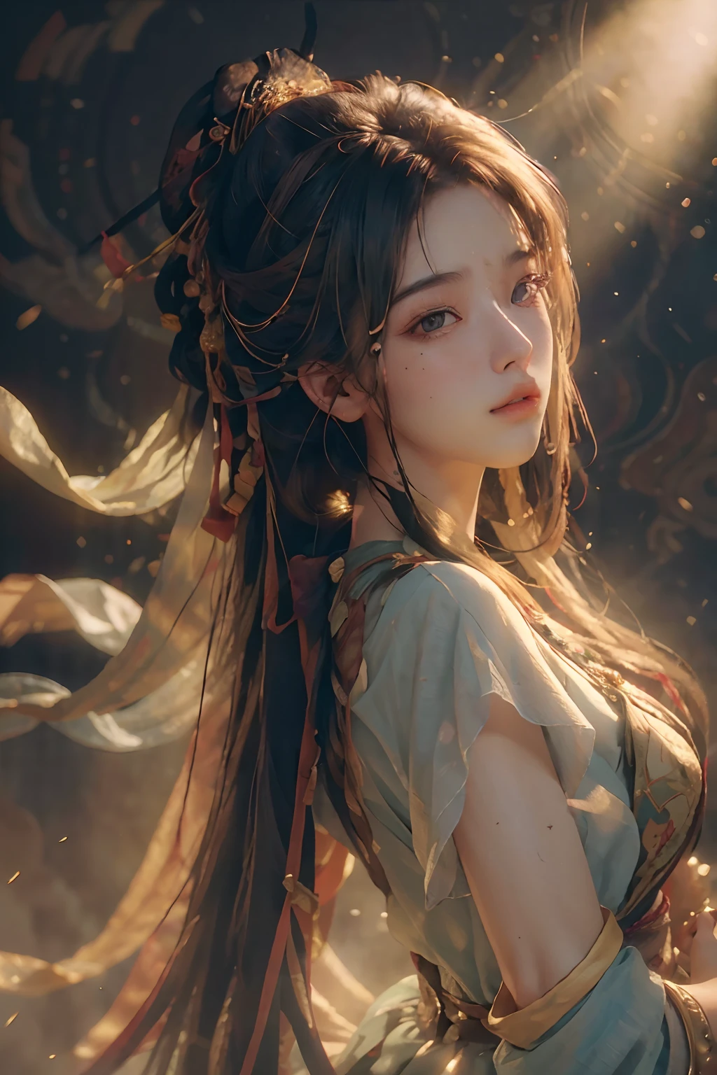 (RAW photo, best quality), (realistic, photo-realistic:1.3),best quality,highly detailed,masterpiece,ultra-detailed,illustration,1girl,upper_body,dynamic angle,world masterpiece theater,messy_long_hair,best quality,extremely detailed CG unity 8k wallpaper,ink,Amazing,cinematic lighting,lens_flare, dunhuang_style